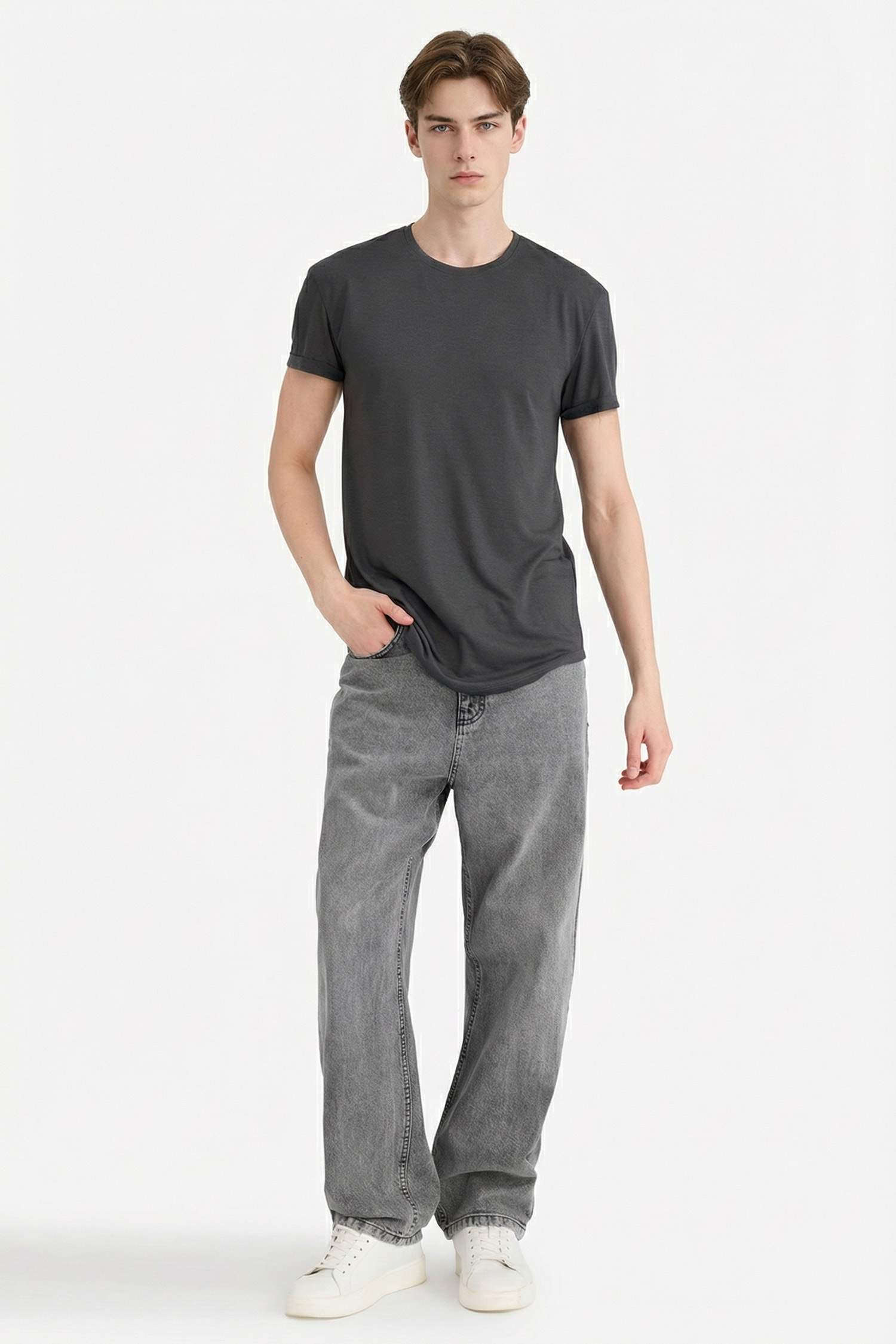 Long Muscle Fit Bisiklet Yaka Basic Düz Kısa Kollu Tişört