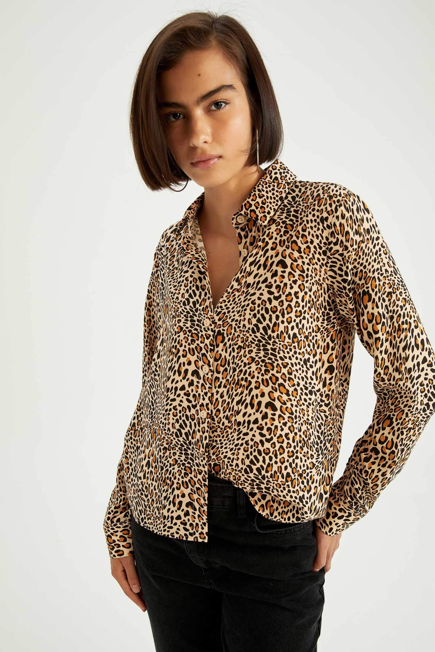 قميص فيسكوز تايجر كم طويل قصة عادية