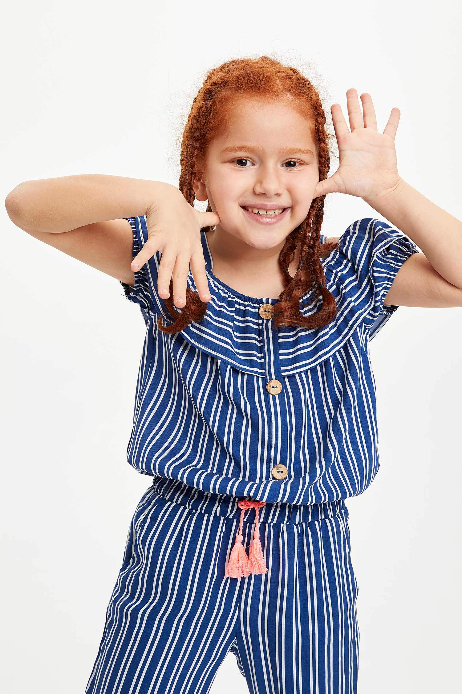 Blue GIRLS & TEENS Girl Girls Striped Woven Shirt Button 1234449 DeFacto