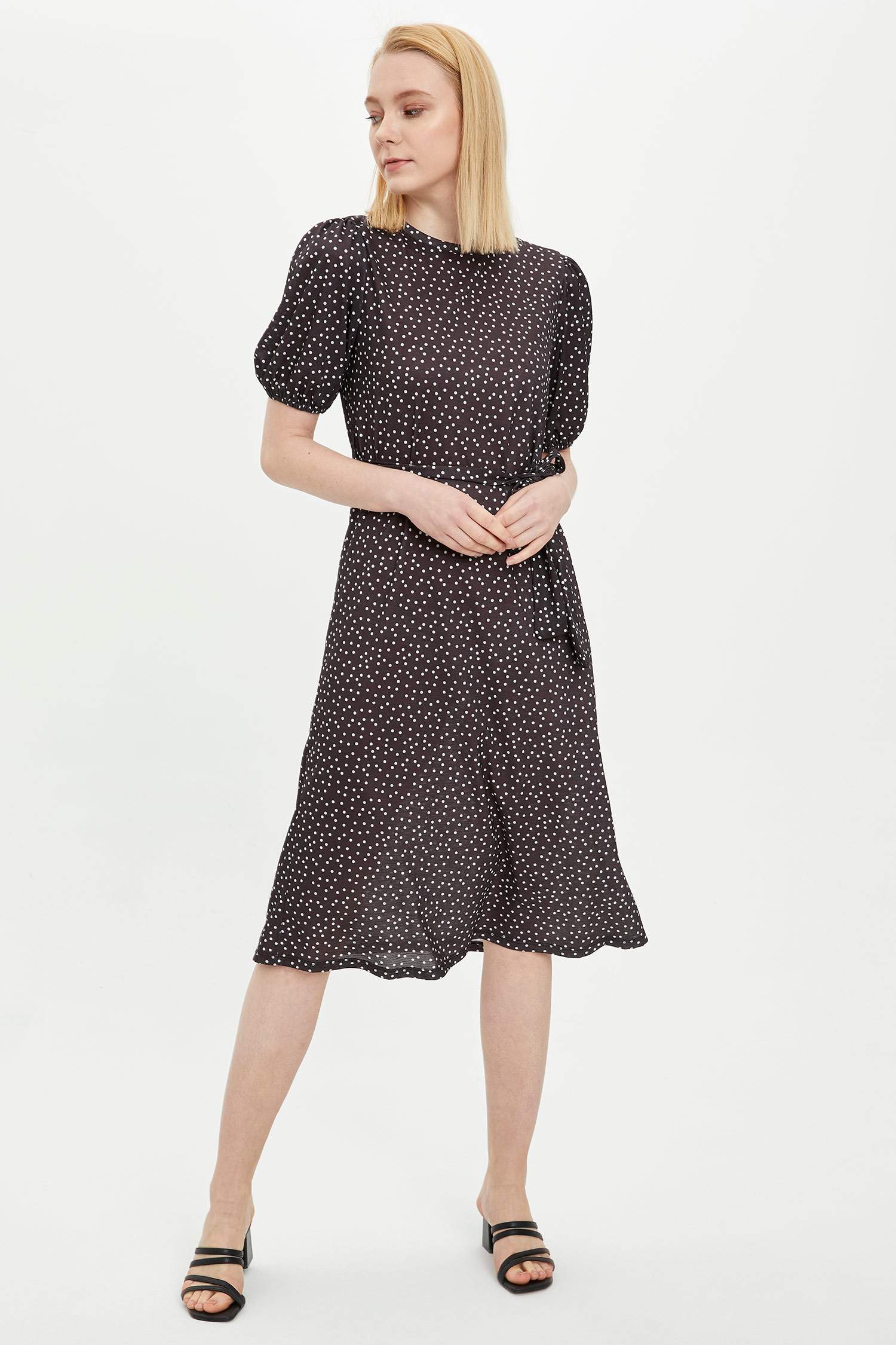 Black WOMAN Polka Dot Patterned Balloon Sleeve Fit And Flare Midi Dress ...