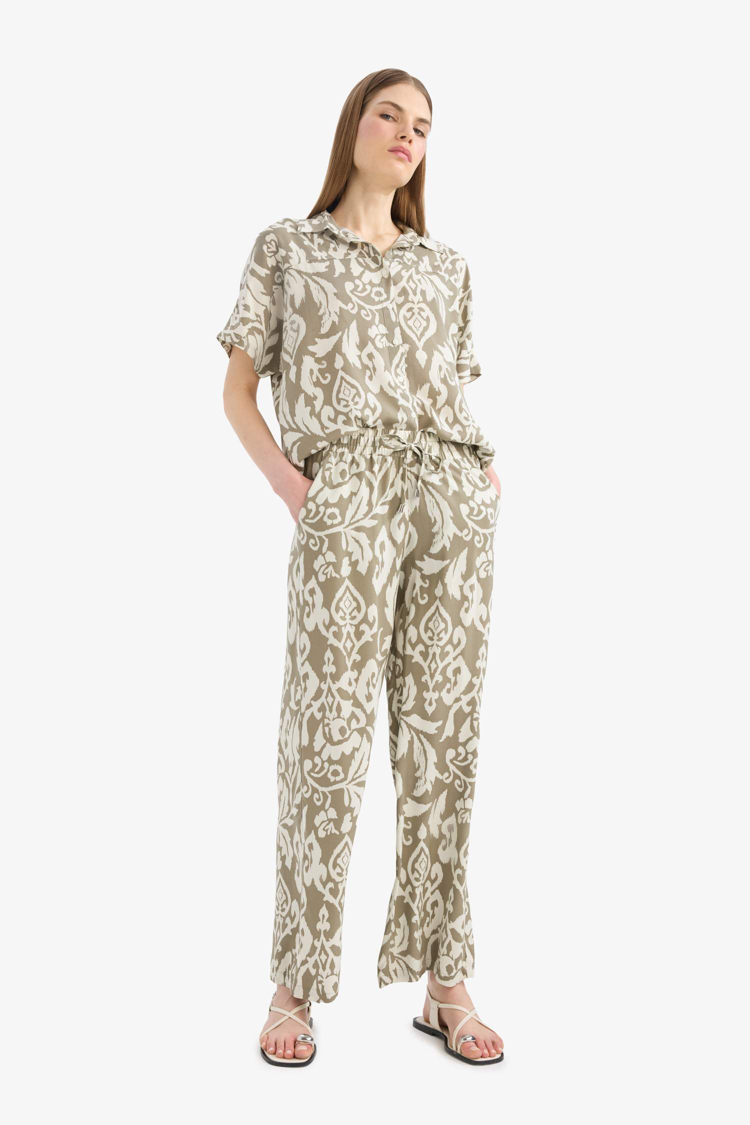 بنطرون فيسكوز فلورايدا وايد ليج برجل واسع وخصر عالي