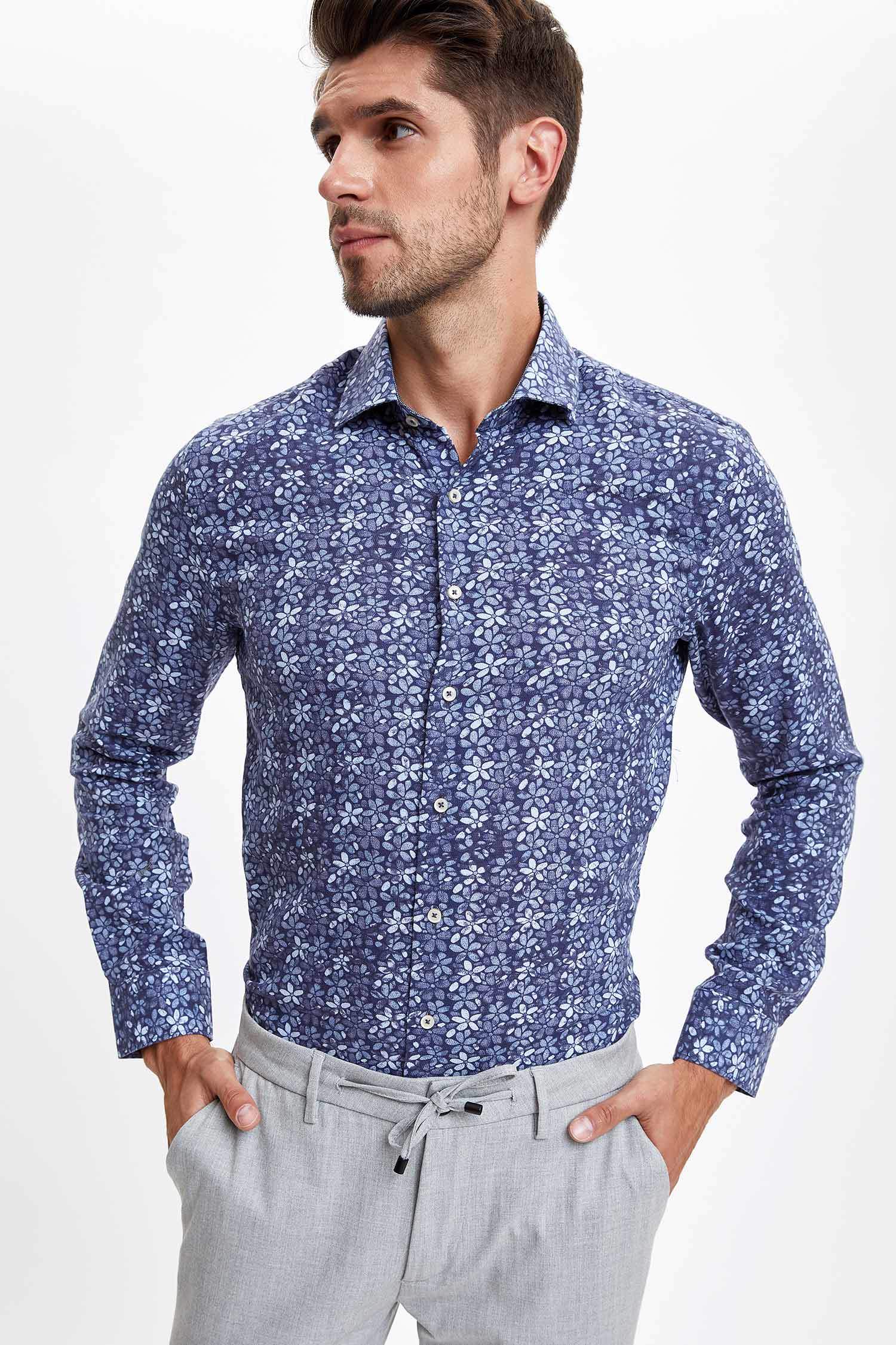 Blue MAN Slim Fit Floral Patterned Long Sleeve Shirt 1165143 | DeFacto