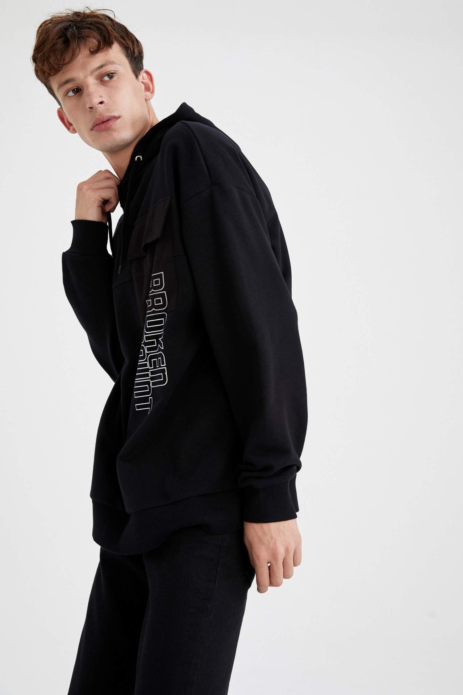 Black MAN Oversized Fit Text Printed Hoodie 1169298 | DeFacto