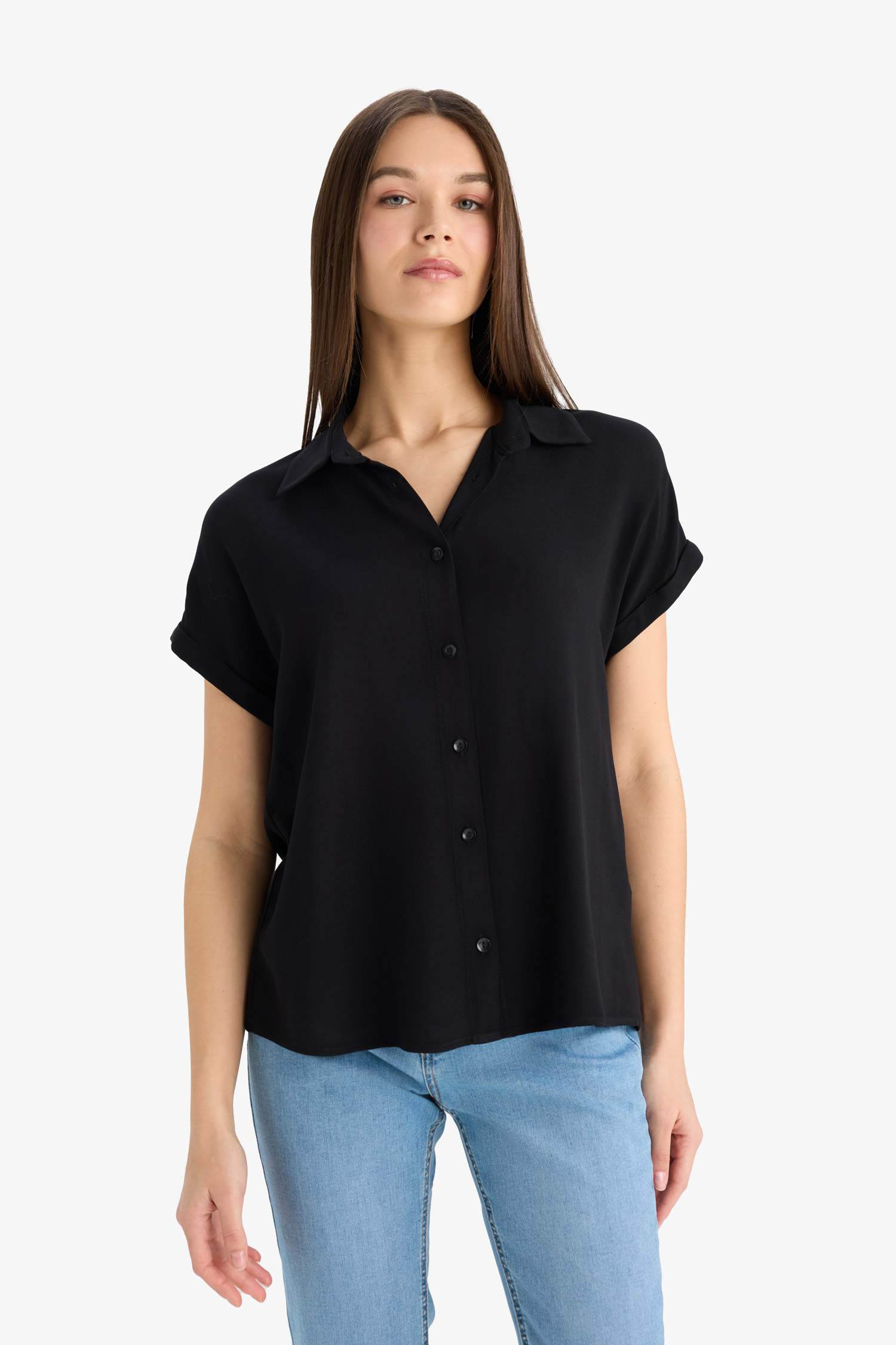 Regular Fit Basic Düz Viskon Kısa Kollu Gömlek