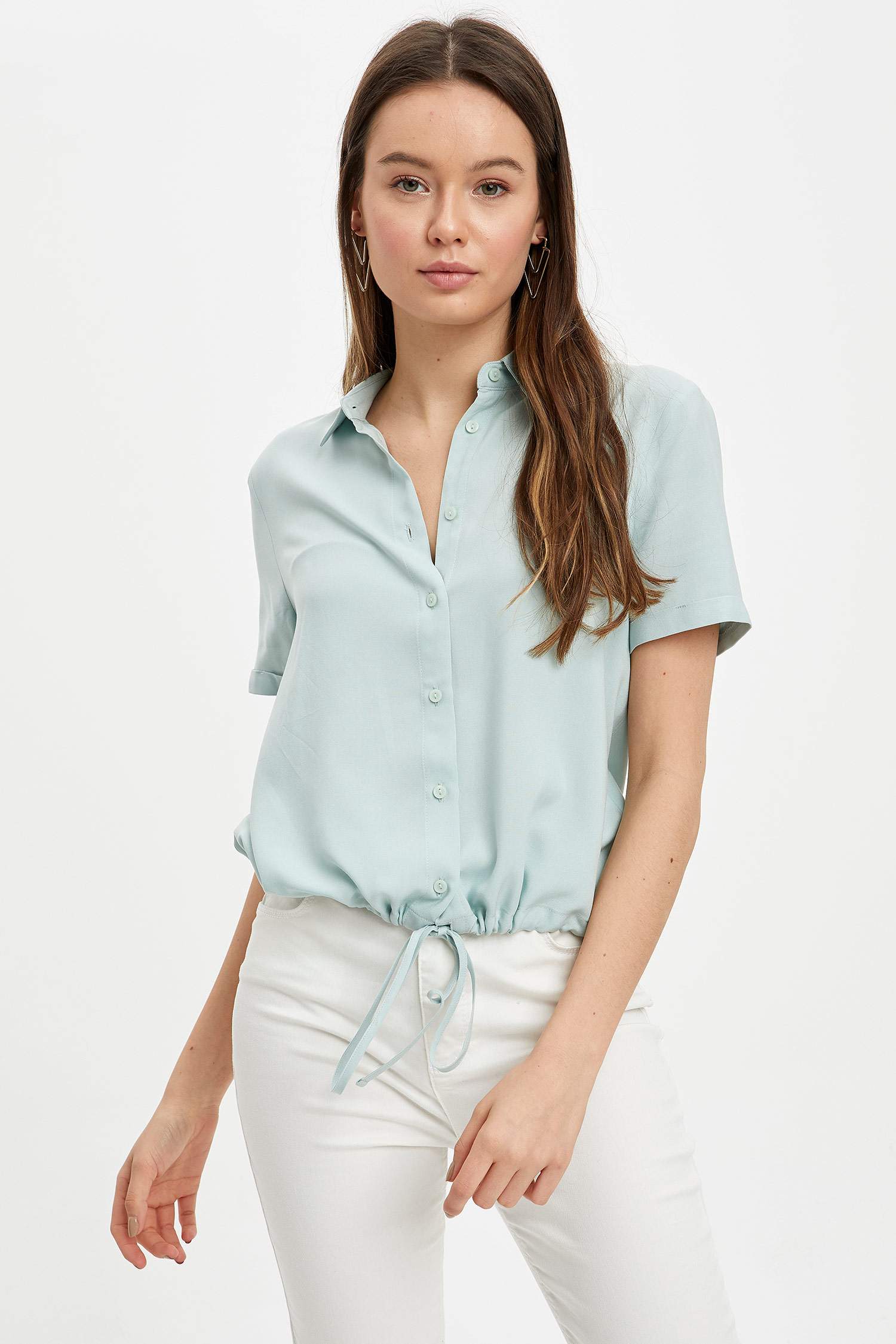Turquoise WOMAN Strap On Short Sleeve Shirt 1230235 DeFacto