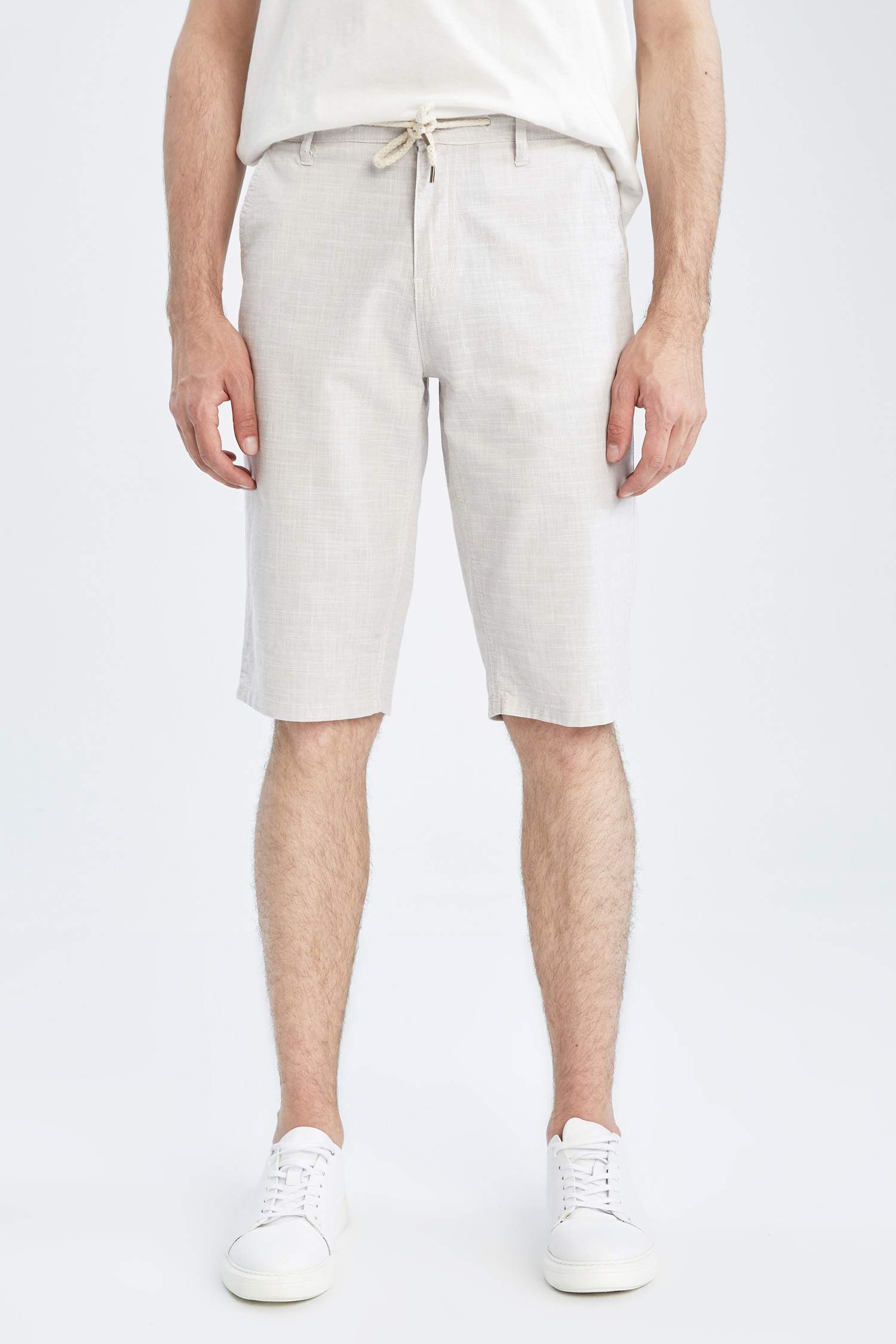 Regular Fit Bağcıklı Keten Bermuda Şort