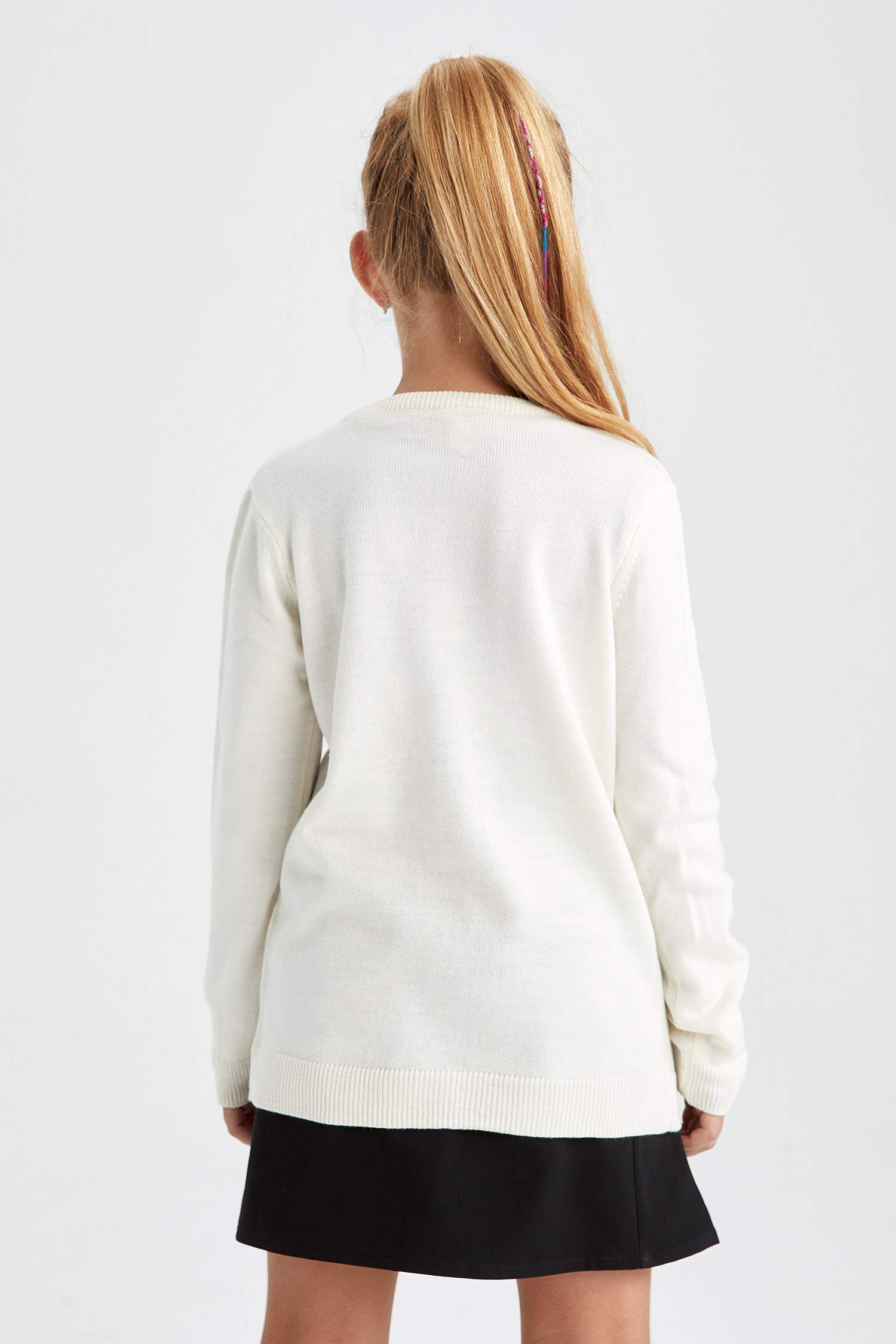 Kız Çocuk Beyaz Bisiklet Yaka Triko Okul Hırkası