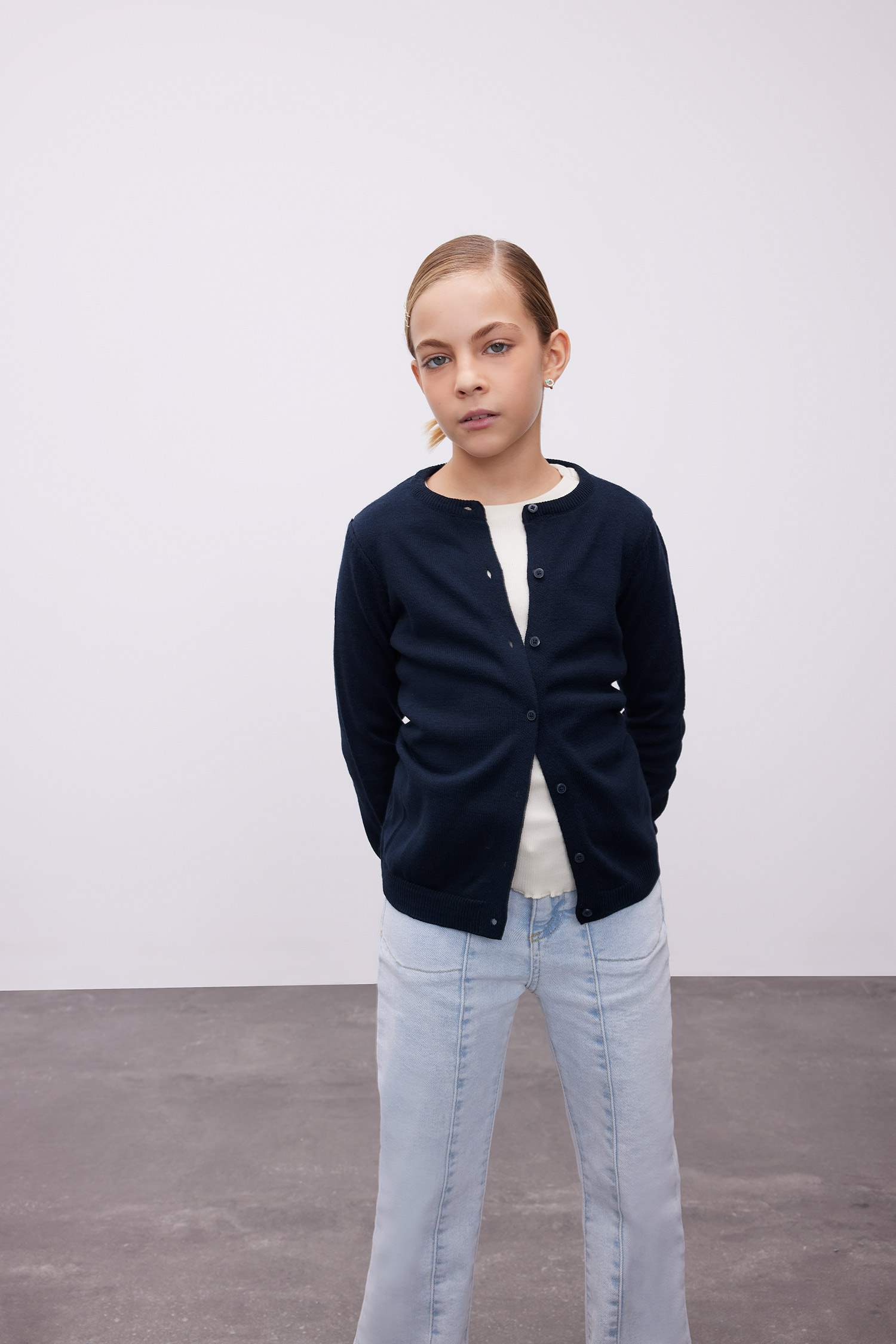 Girl Navy Bike Neck Buttoned School Cardigan