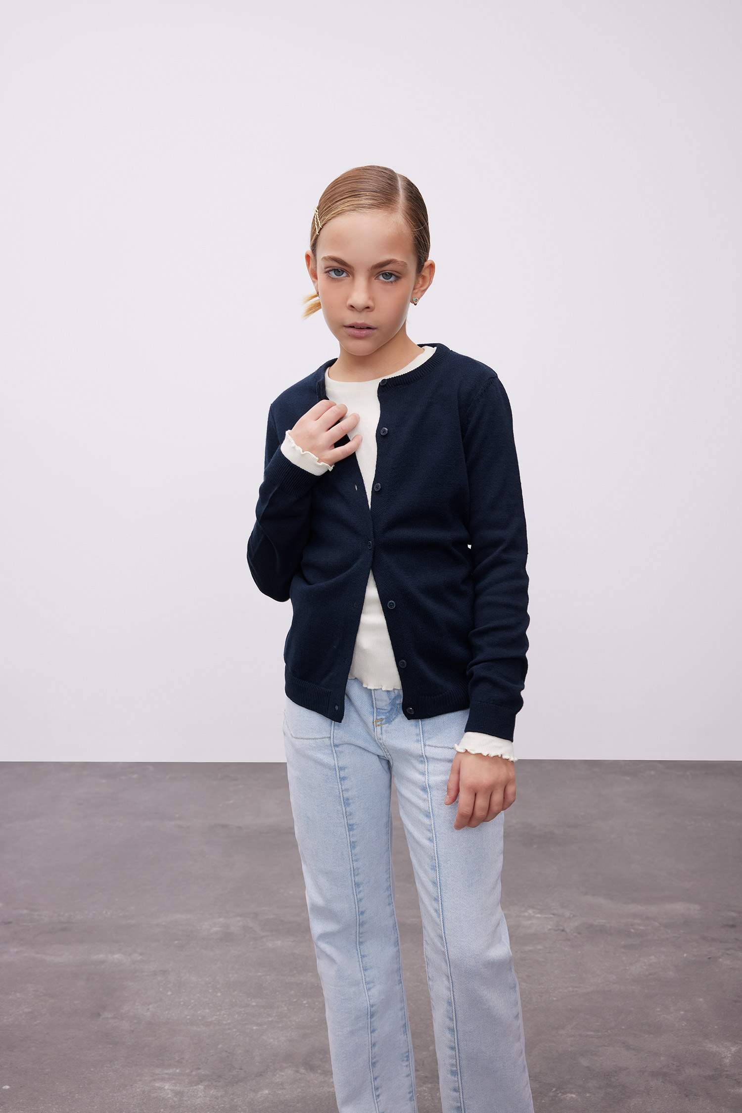 Girl Navy Bike Neck Buttoned School Cardigan