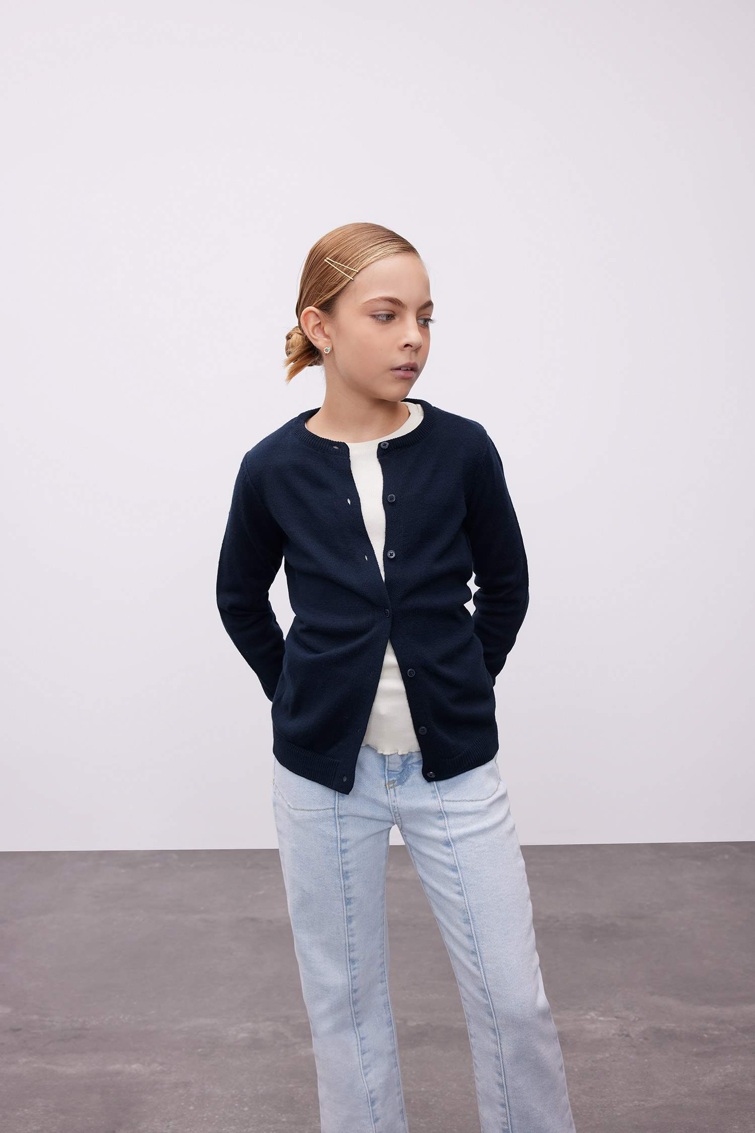 Girl Navy Bike Neck Buttoned School Cardigan
