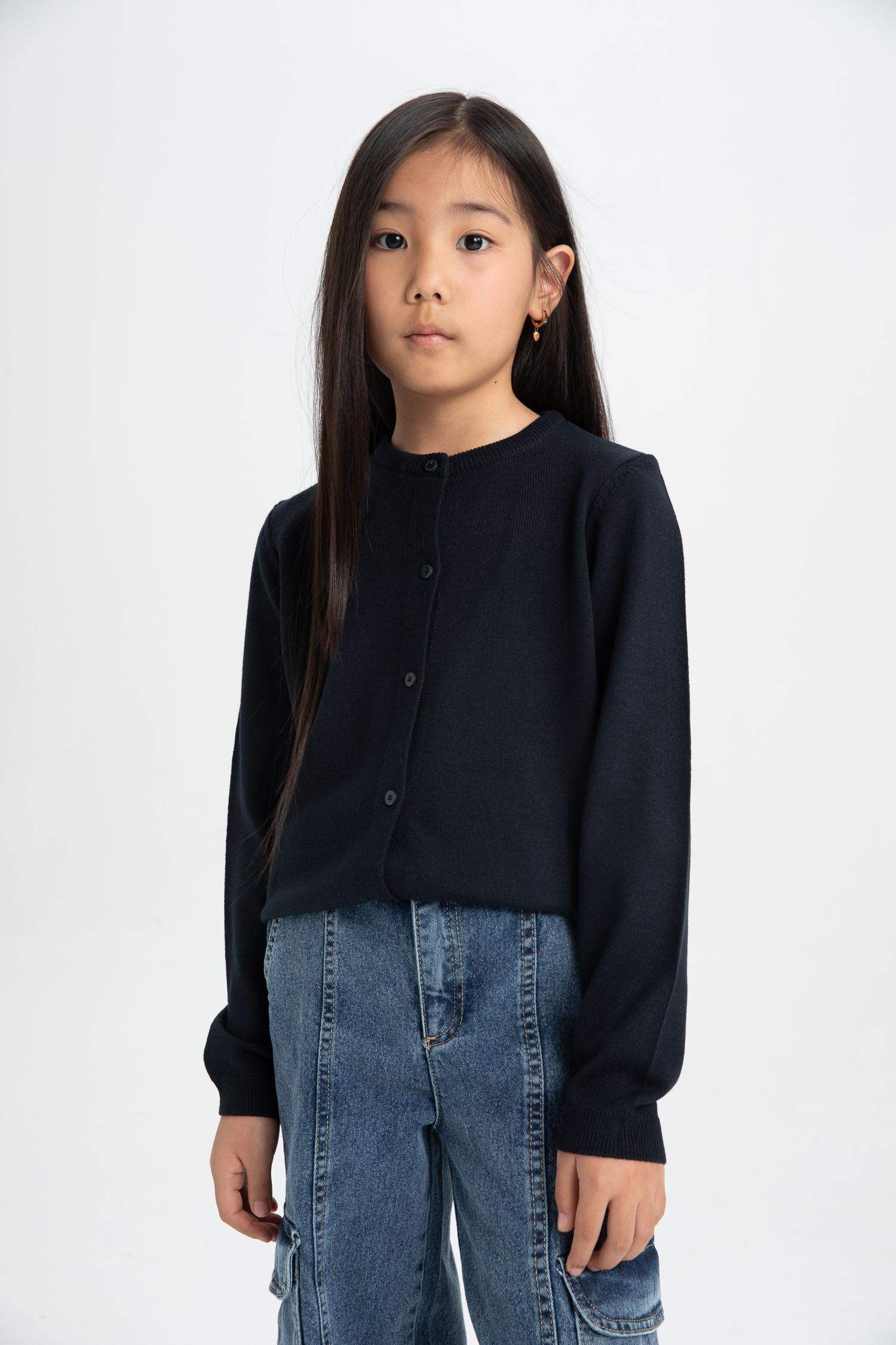 Girl Navy Bike Neck Buttoned School Cardigan