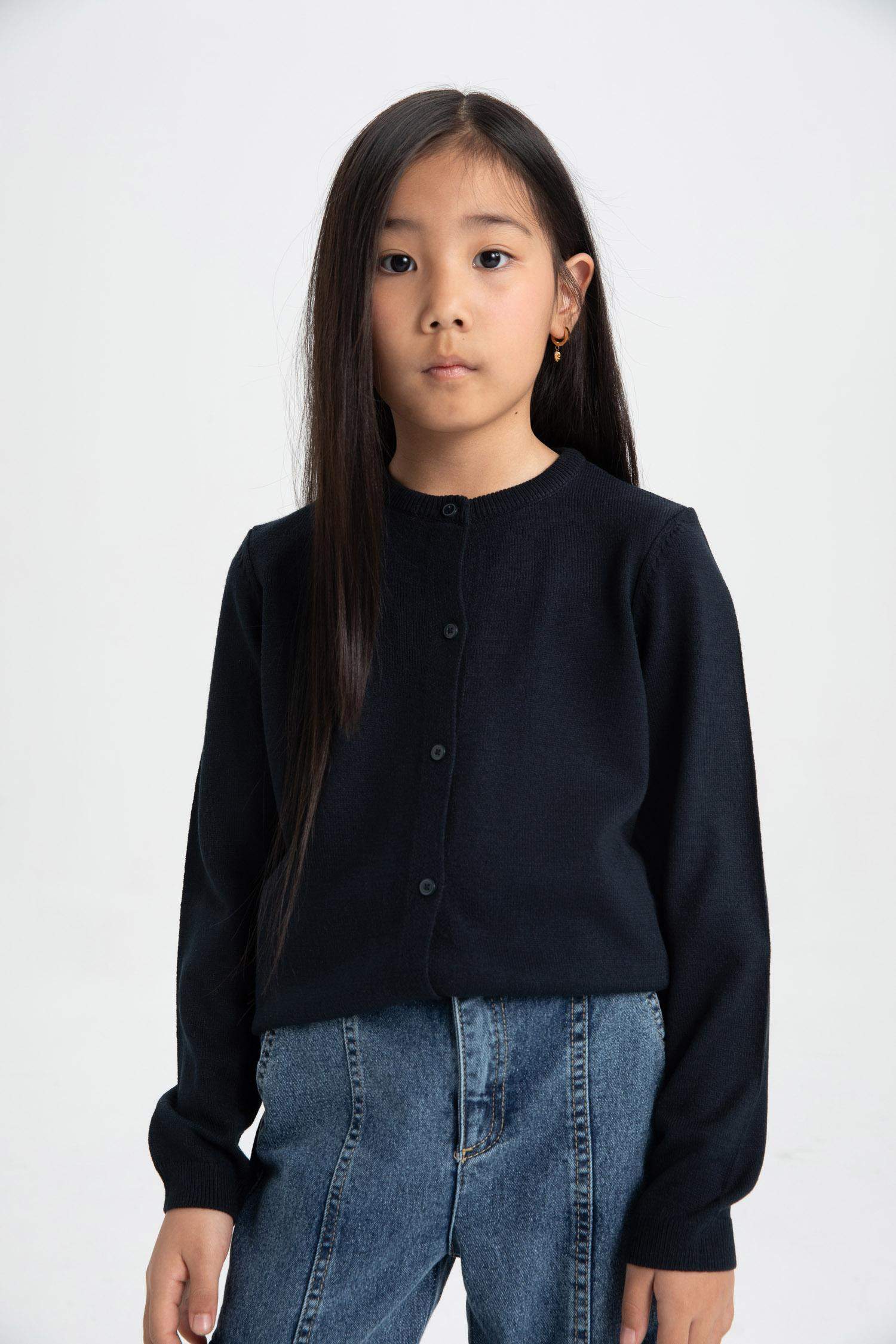 Girl Navy Bike Neck Buttoned School Cardigan