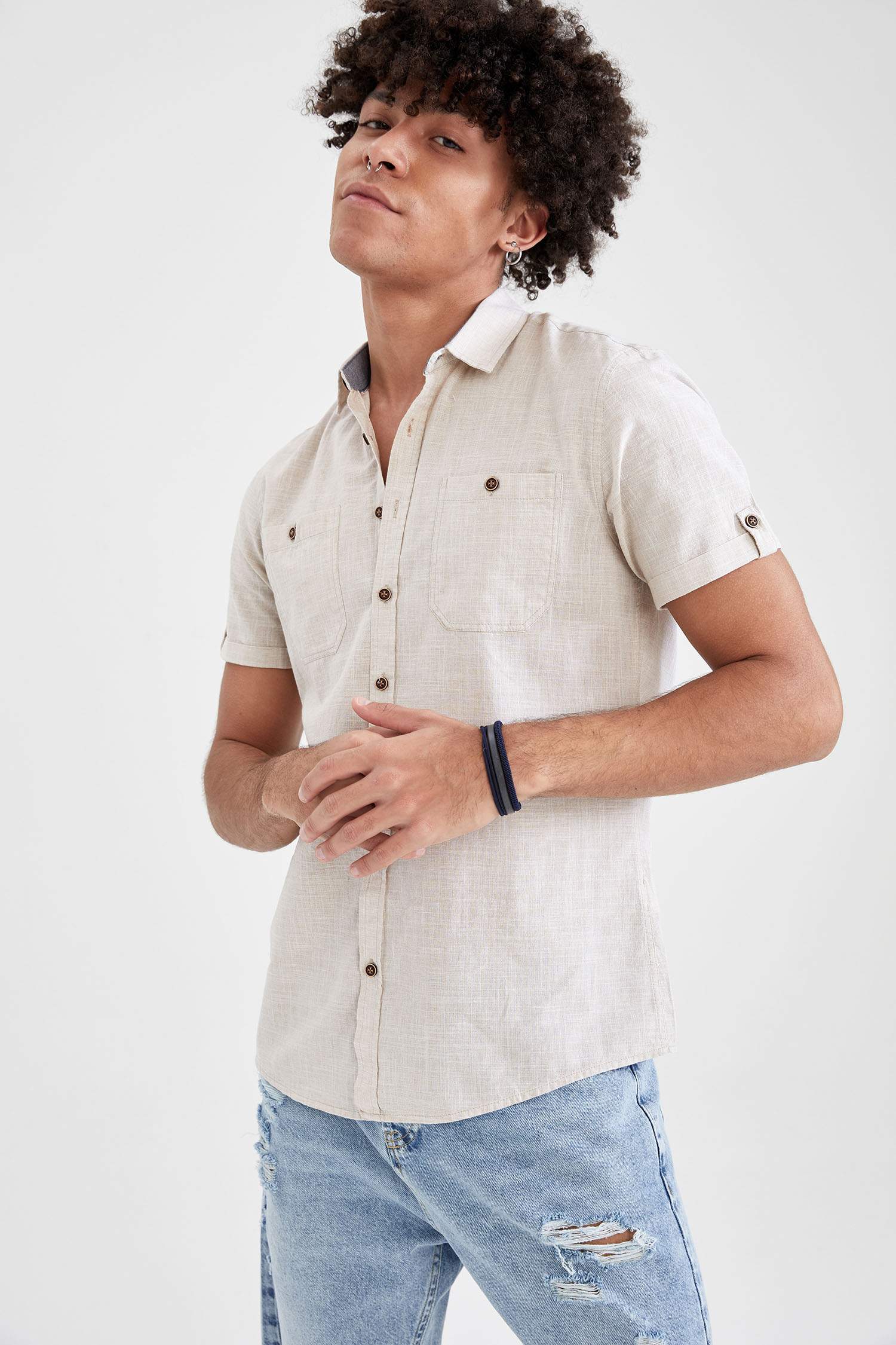 Beige MAN Slim Fit Short Sleeve Shirt 