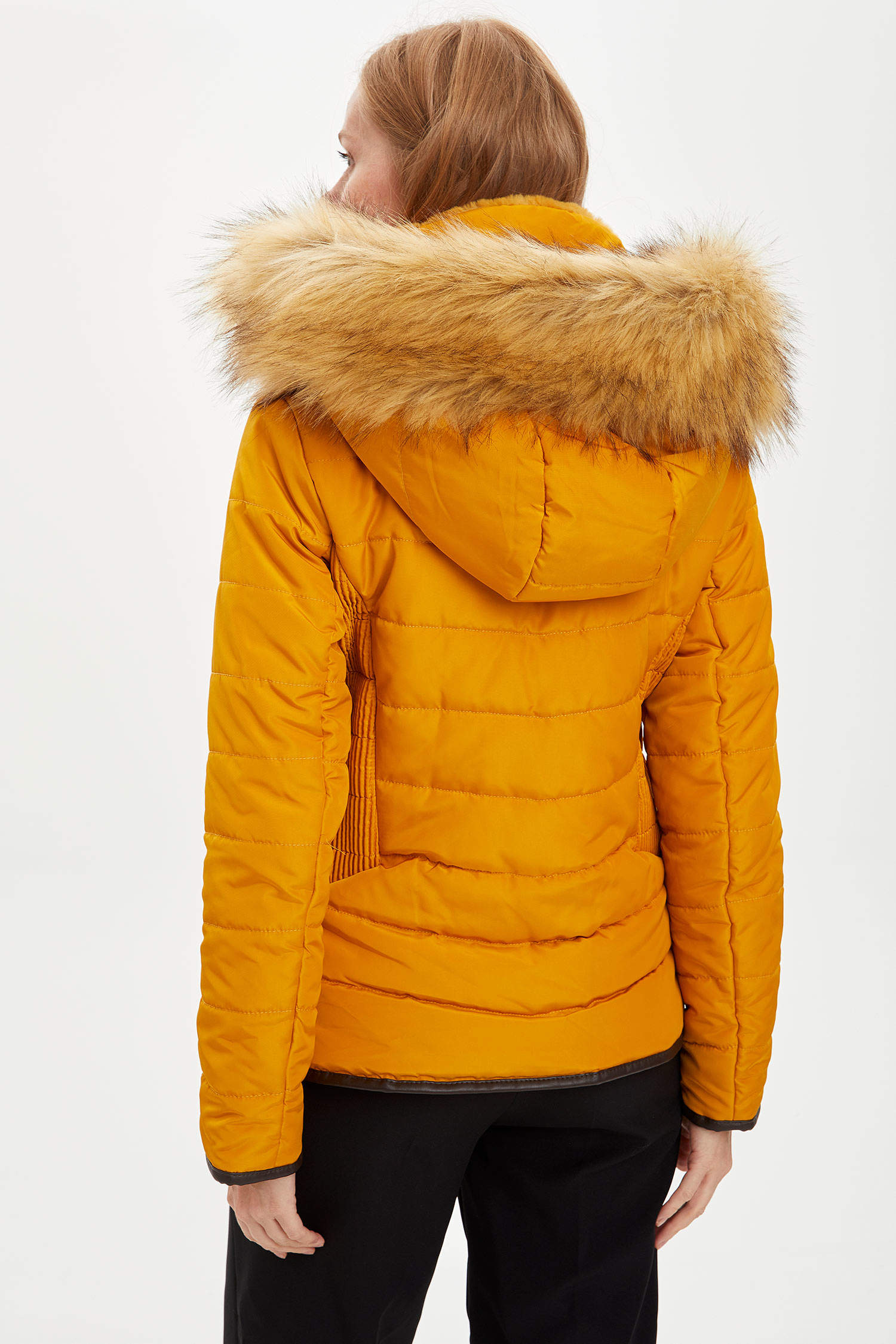 Yellow WOMAN Hooded Coat With Faux Fur Detail 1446066 | DeFacto