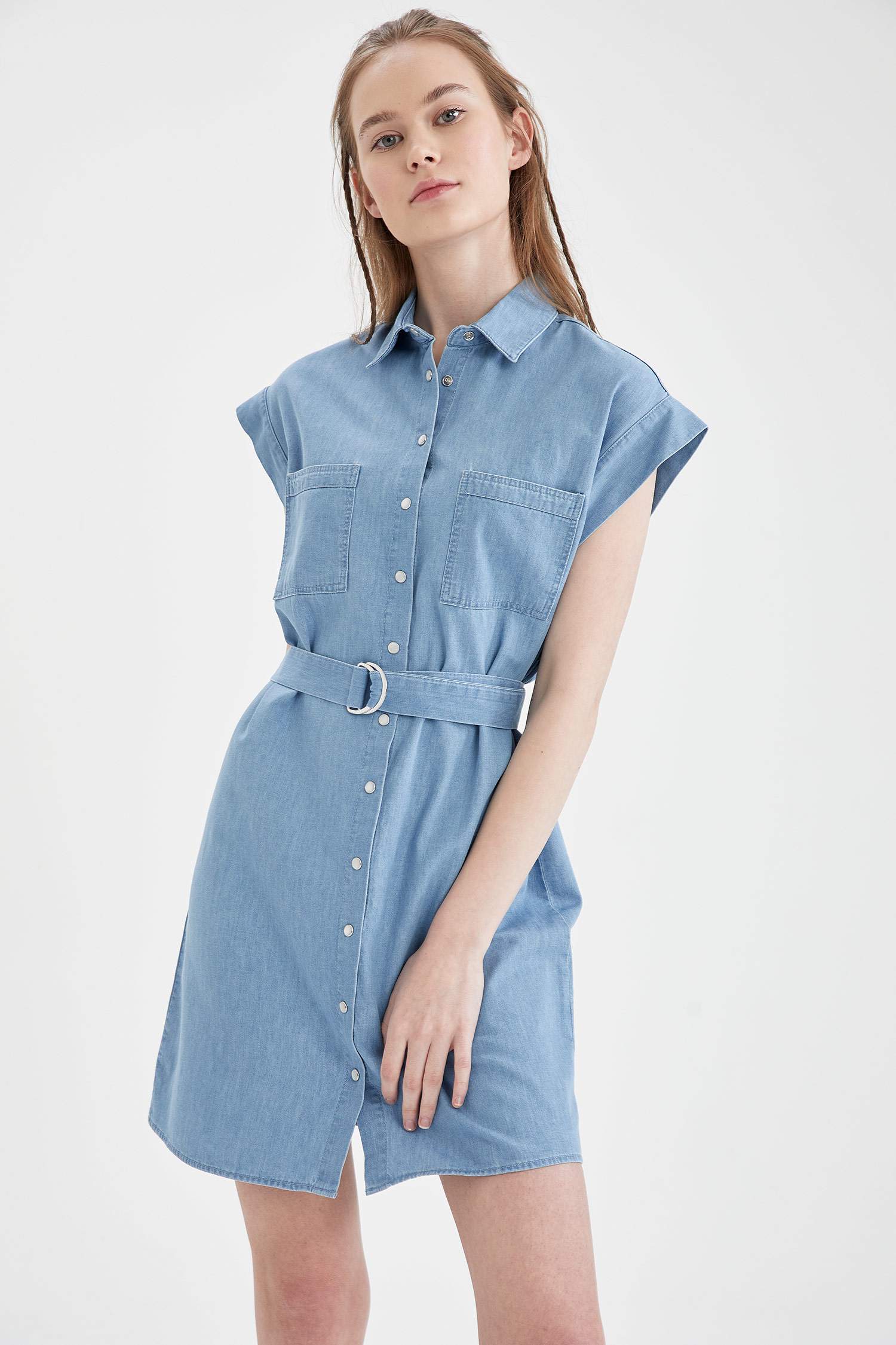 Blue WOMAN Belt Detailed Slim Fit Jean Dress 1943129 | DeFacto