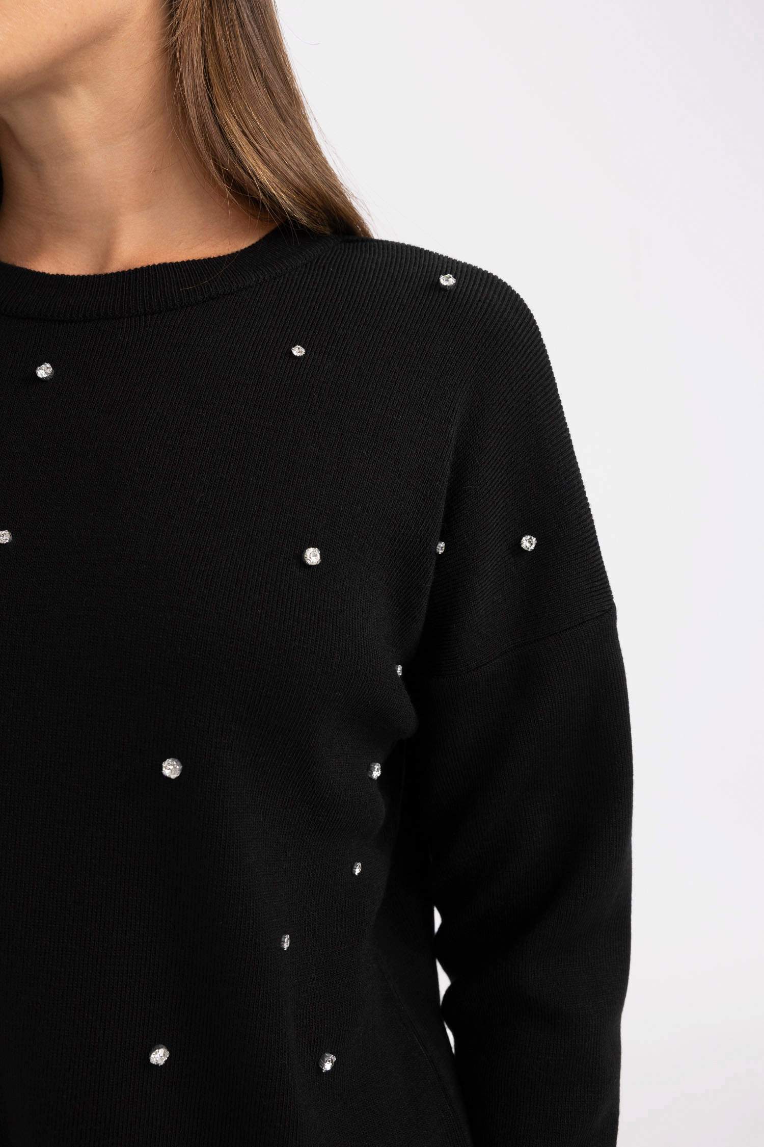 Regular Fit Bisiklet Yaka Taşlı Siyah Triko Kazak