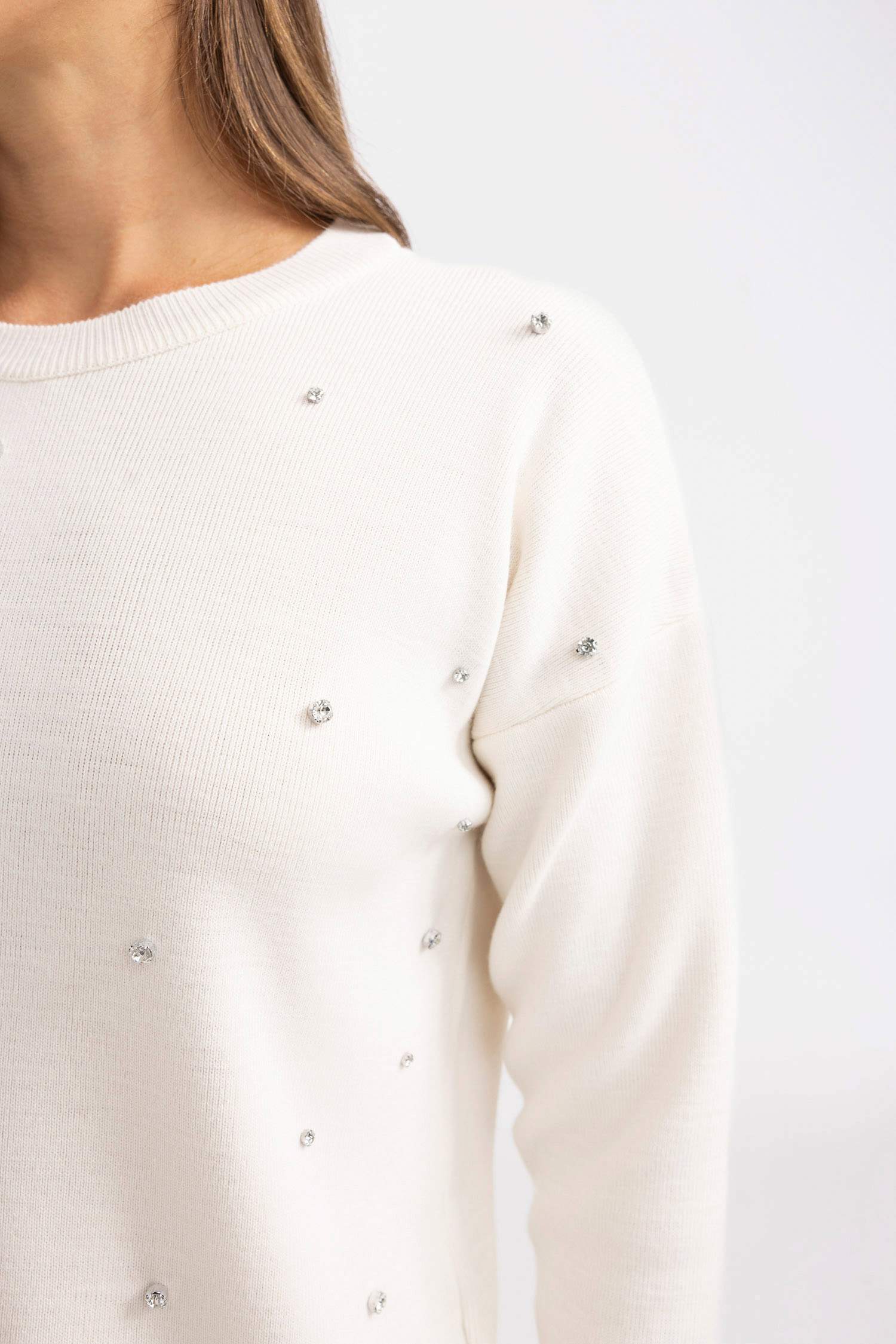 Regular Fit Bisiklet Yaka Taşlı Triko Kazak