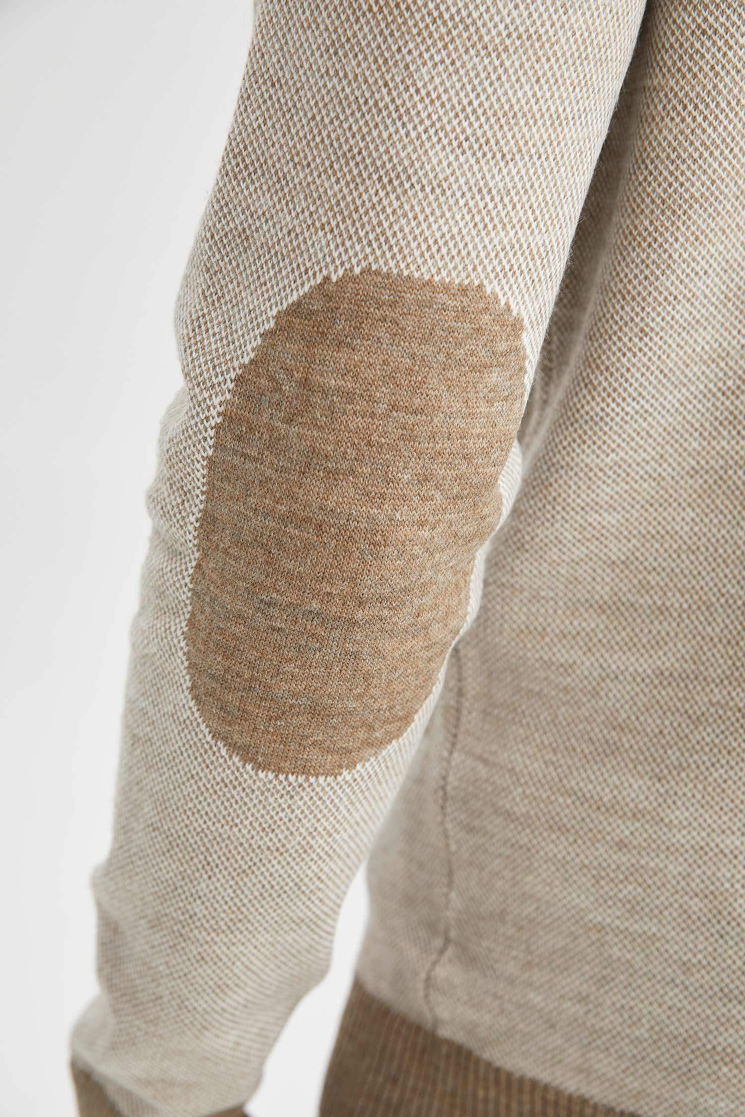 Beige MAN Slim Fit Crew Neck Patched Sleeve Detailed Knitwear