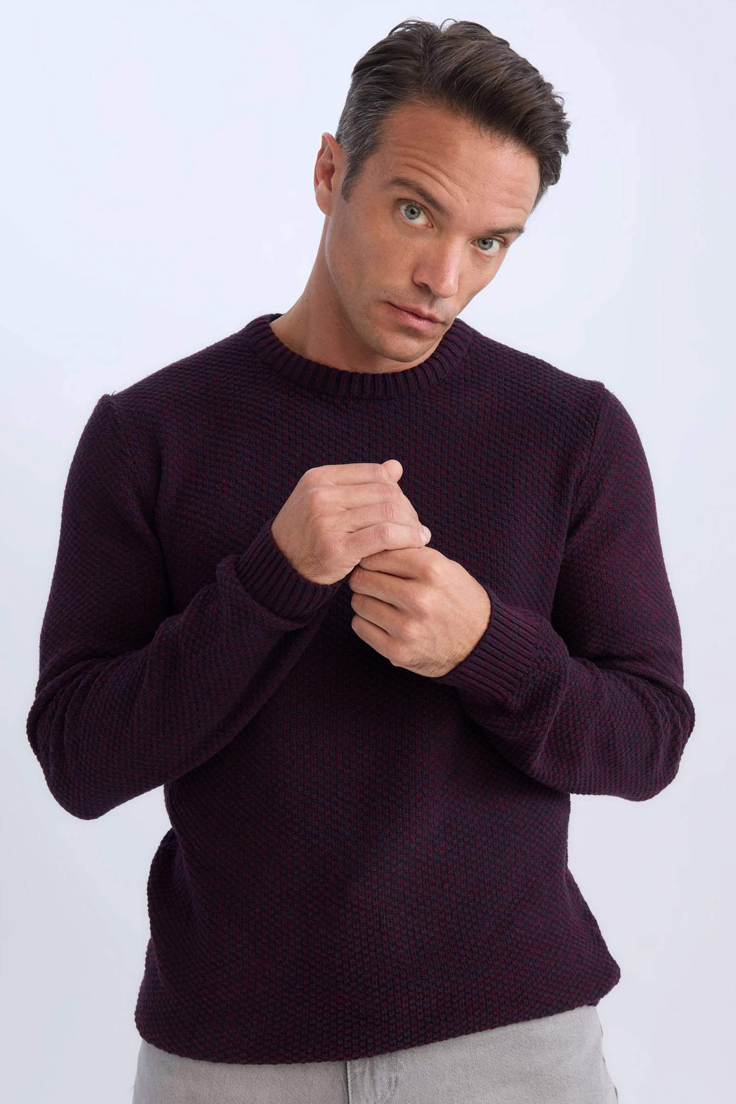 Standart Fit Normal Kesim Bisiklet Yaka Dokulu Basic Düz Triko Kazak