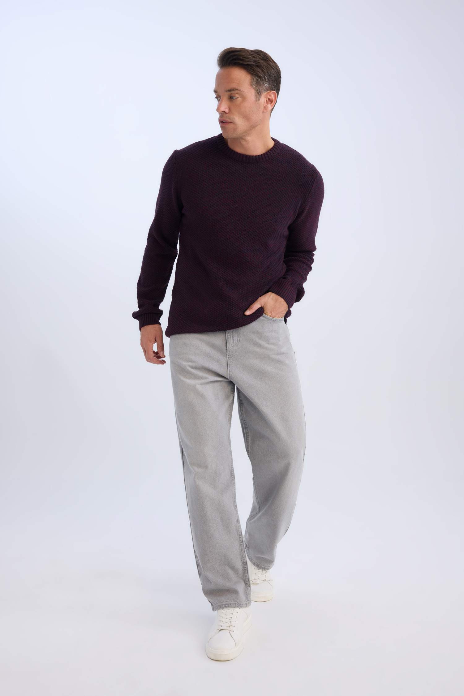 Standart Fit Normal Kesim Bisiklet Yaka Dokulu Basic Düz Triko Kazak