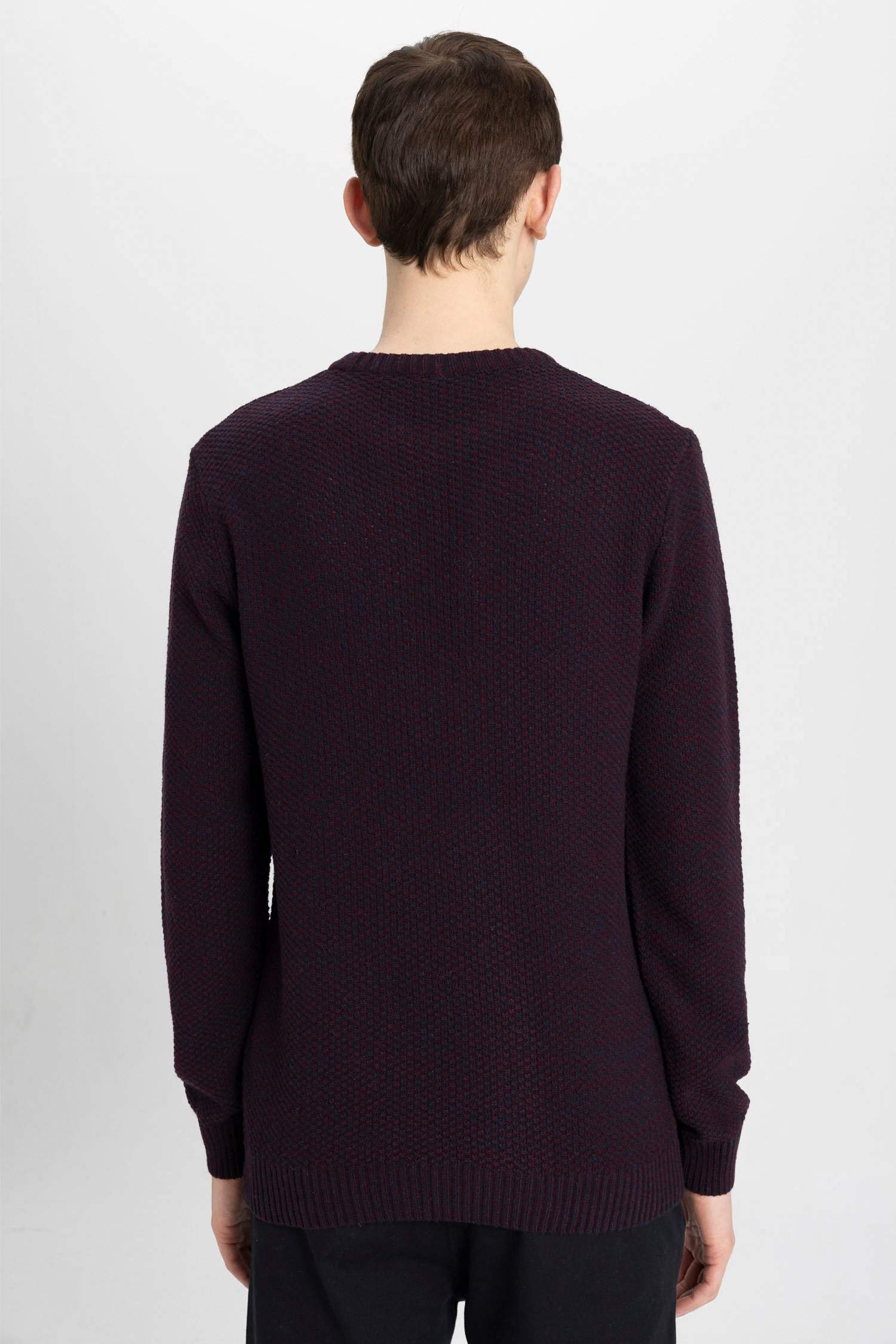 Standart Fit Normal Kesim Bisiklet Yaka Dokulu Basic Düz Triko Kazak