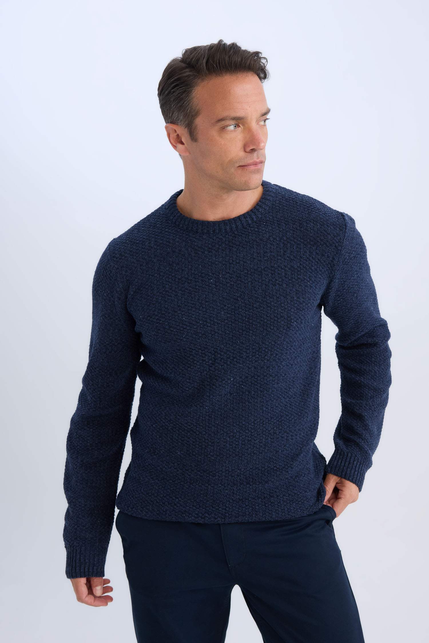 Lacivert Standart Fit Normal Kesim Bisiklet Yaka Dokulu Basic Düz Triko Kazak