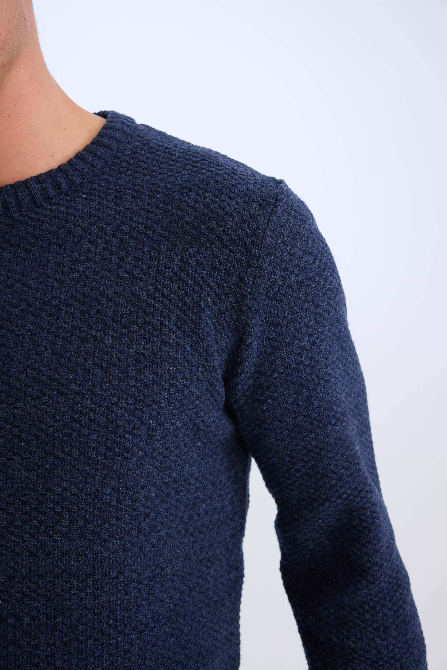 Lacivert Standart Fit Normal Kesim Bisiklet Yaka Dokulu Basic Düz Triko Kazak