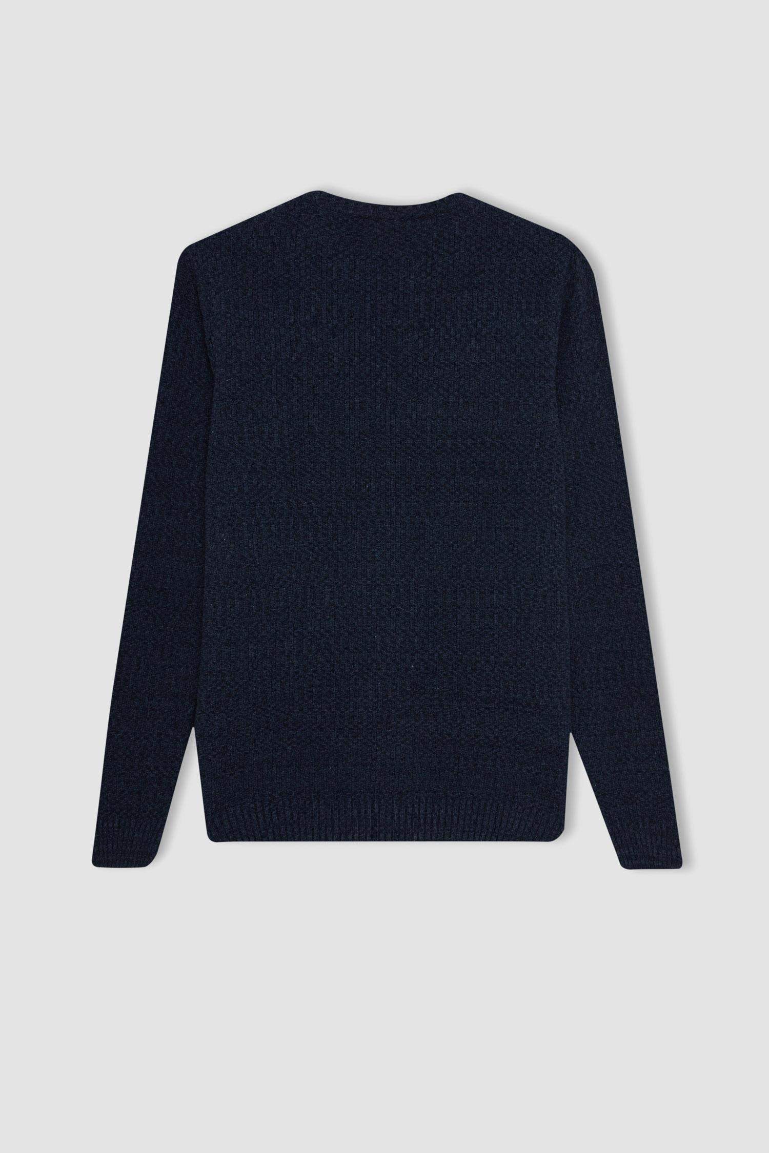 Lacivert Standart Fit Normal Kesim Bisiklet Yaka Dokulu Basic Düz Triko Kazak