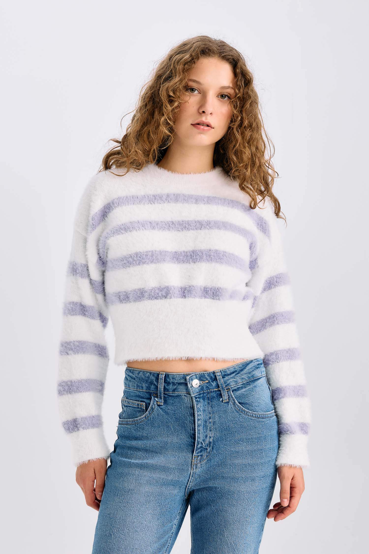 Regular Fit Çizgili Bisiklet Yaka Triko Kazak