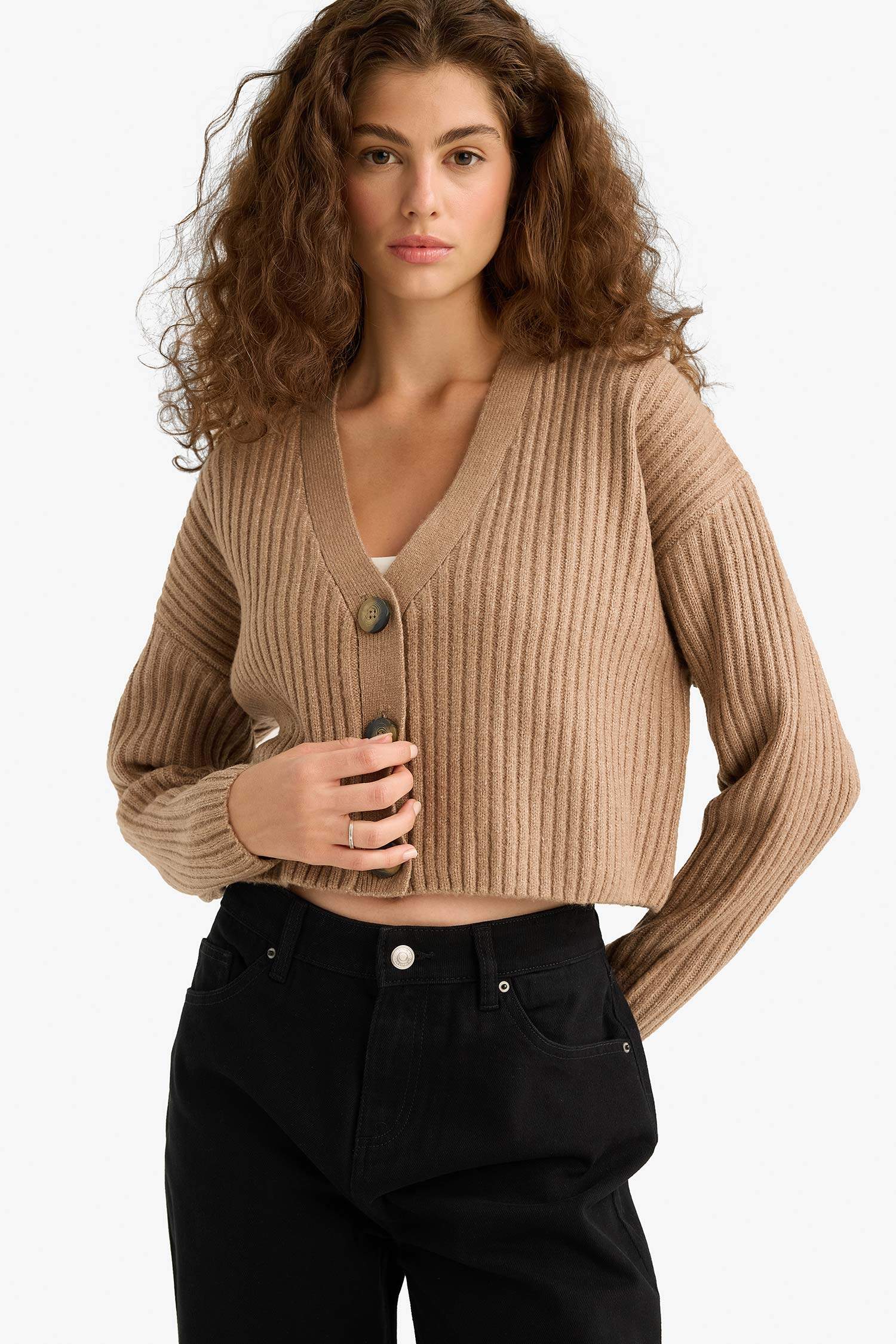 Regular Fit V Yaka Düğmeli Triko Hırka