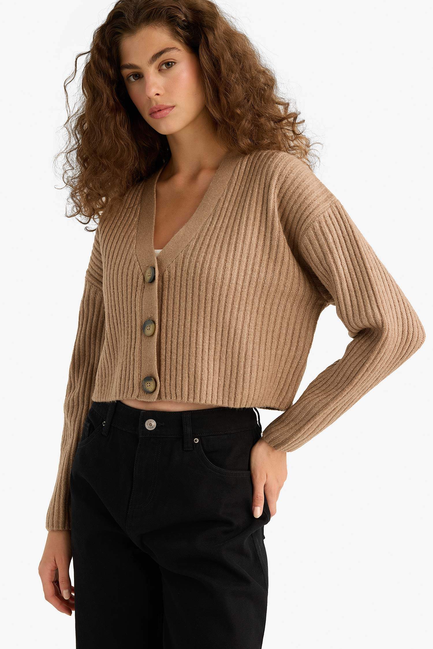 Regular Fit V Yaka Düğmeli Triko Hırka