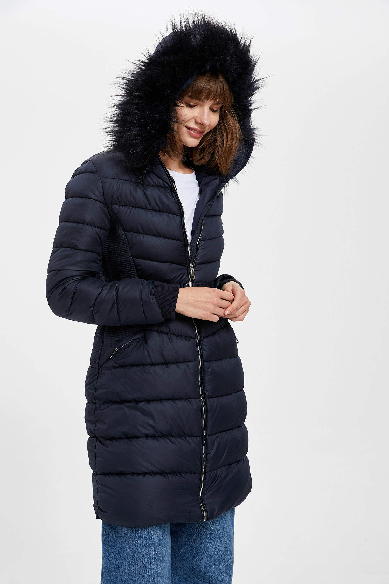 Navy WOMAN Belted Anorak With Faux Fur Detail 1516332 | DeFacto