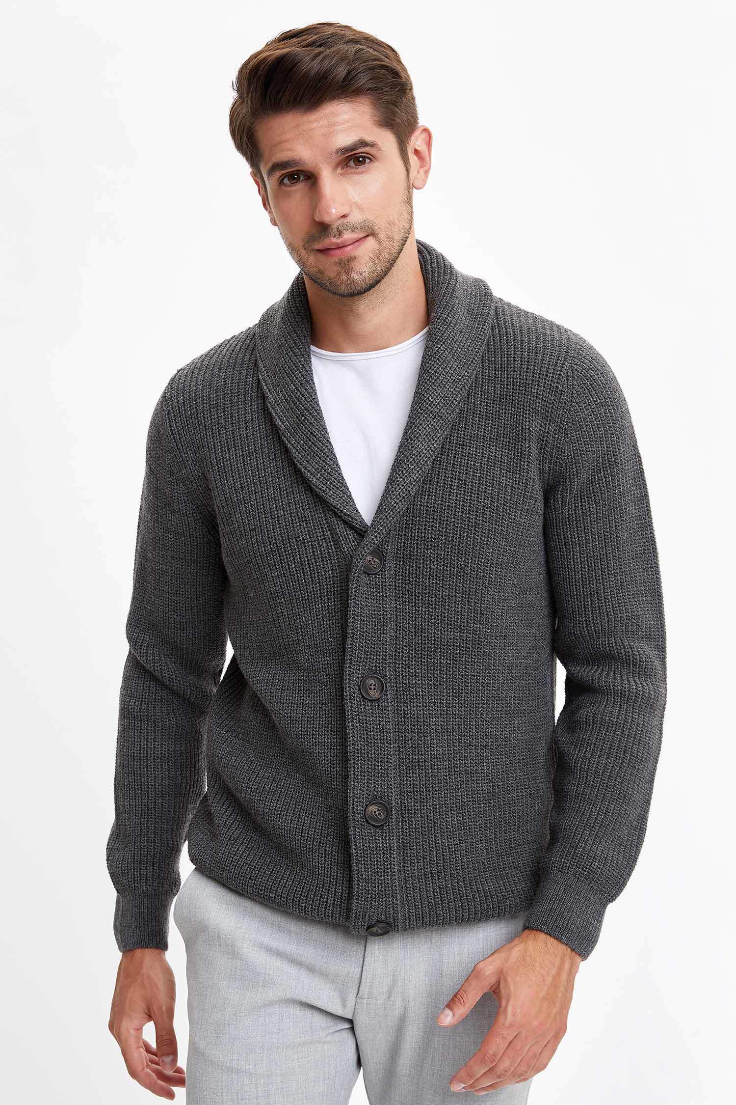 Grey MAN Slim Fit Shawl Collar Knitted Cardigan 1486997 | DeFacto
