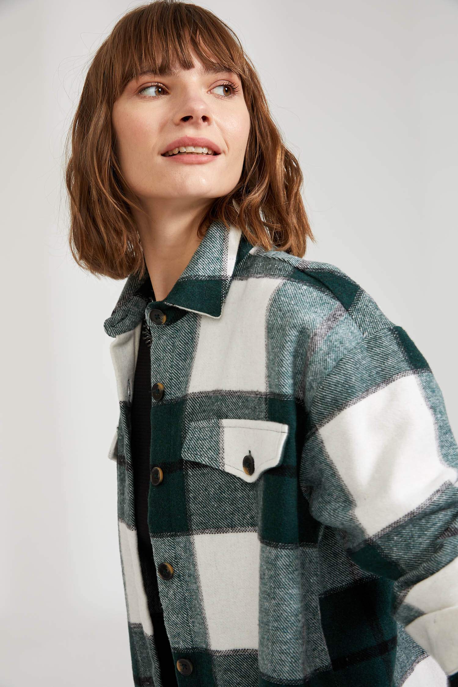 Green WOMAN Oversize Check Patterned Shirt Jacket 1509519 | DeFacto