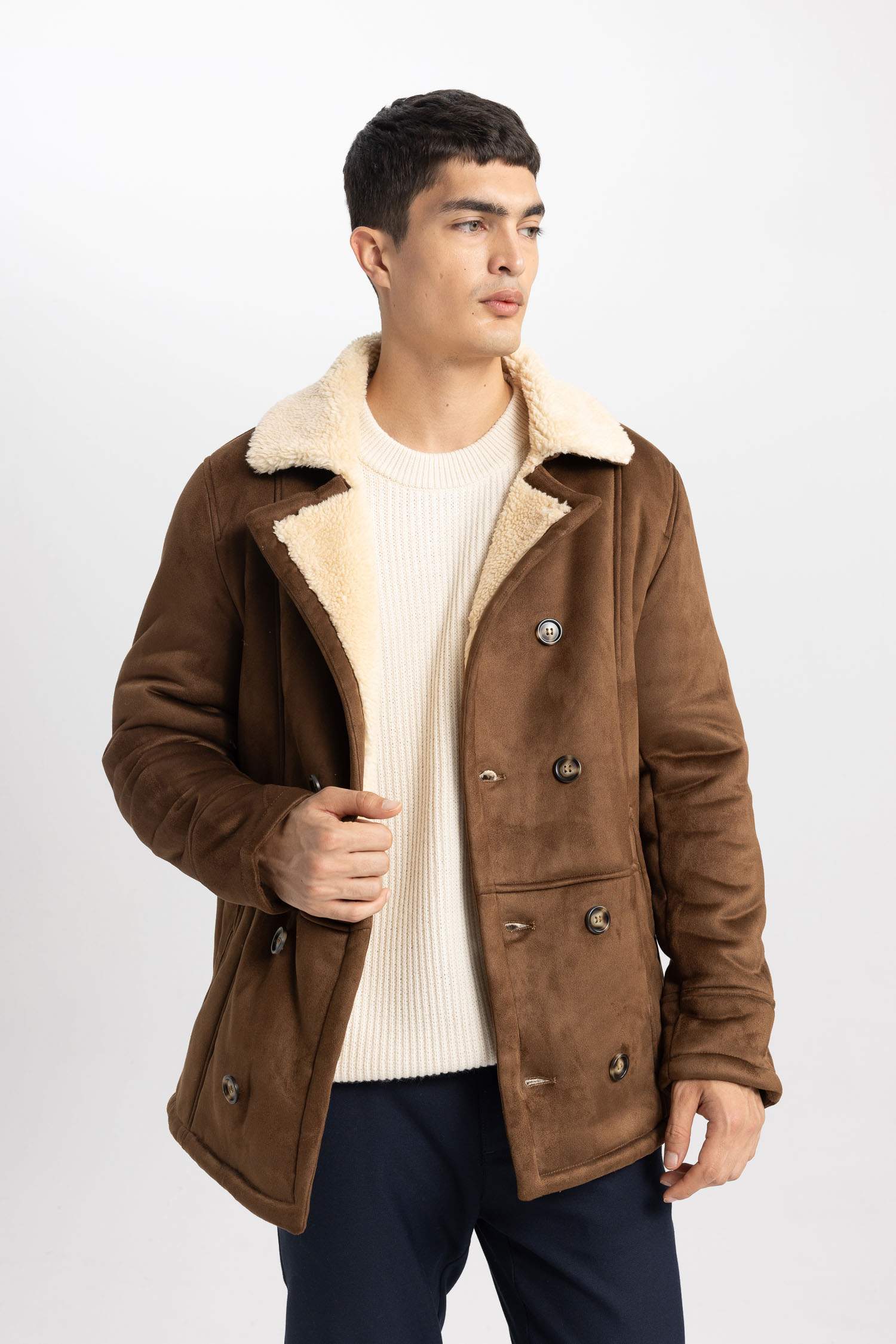 Slim Fit Jacket Collar Plush Lining Suede Jacket