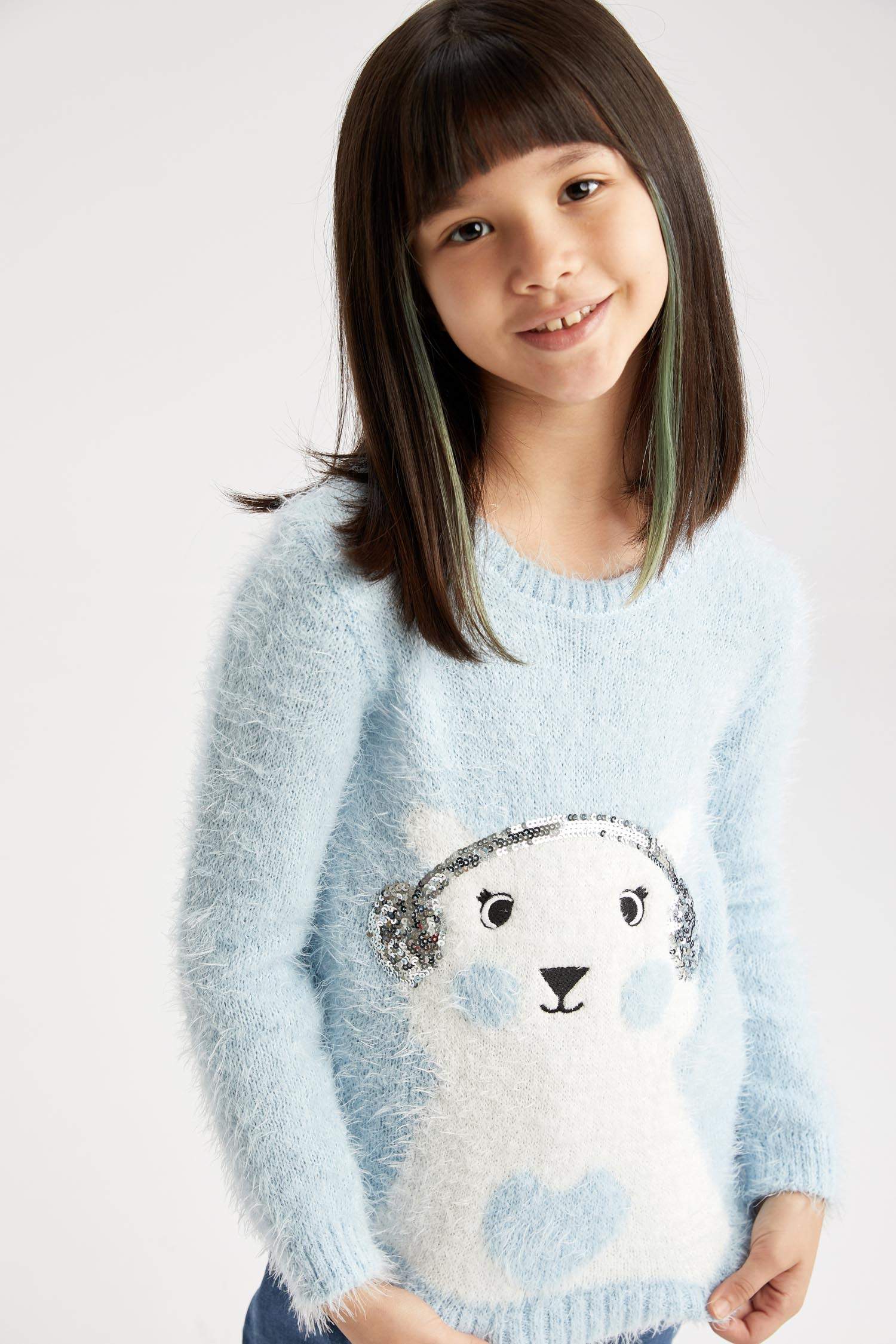 Turquoise GIRLS & TEENS Girl Long Sleeve Cat Print Jumper 1805332 DeFacto