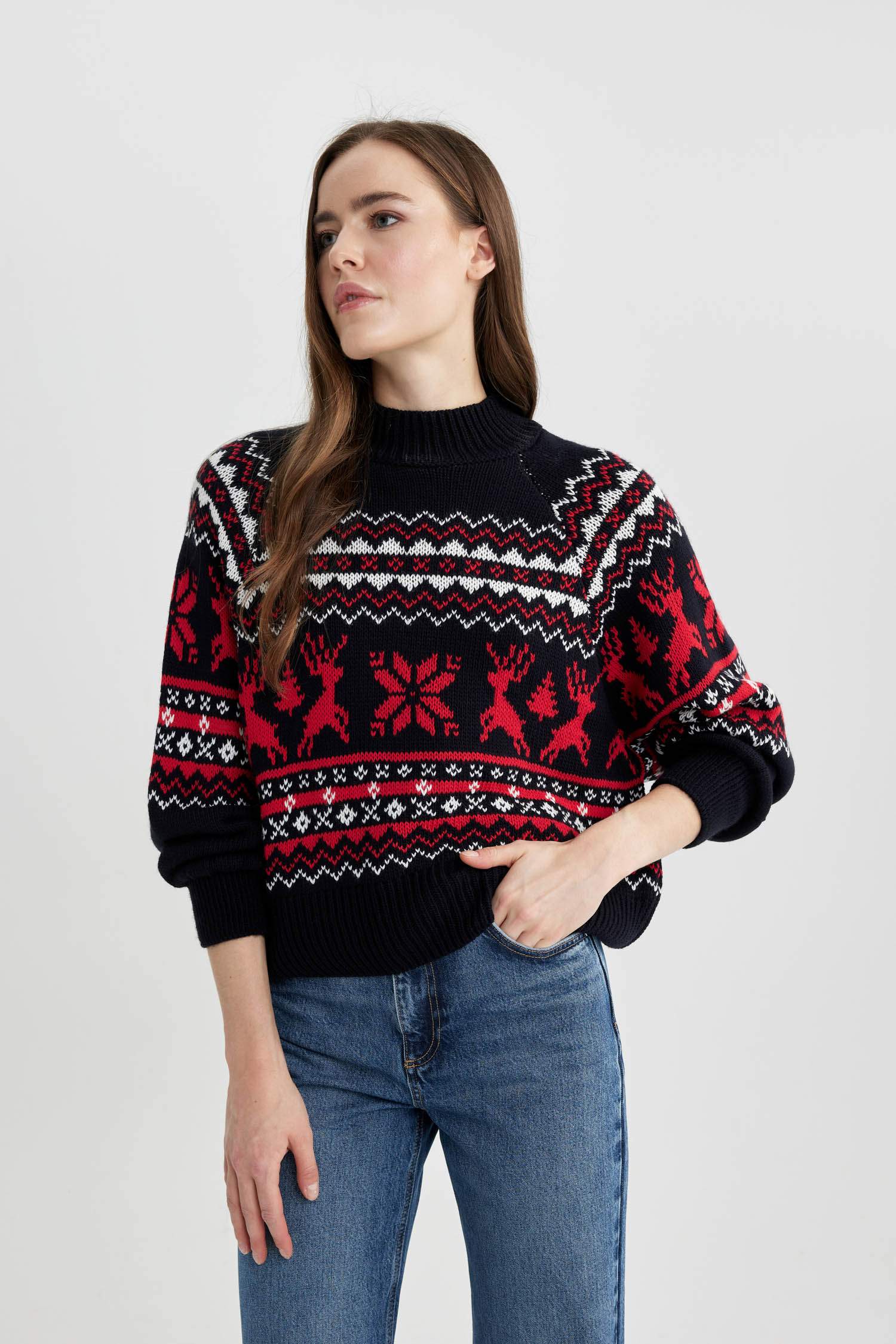 Yılbaşı Temalı Yarım Balıkçı Yaka Kazak