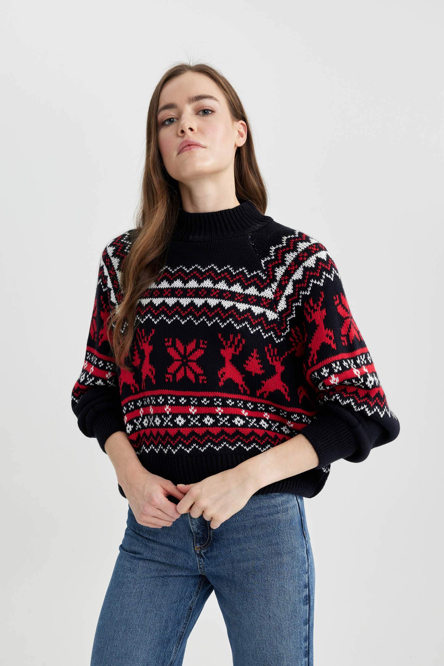 Yılbaşı Temalı Yarım Balıkçı Yaka Kazak