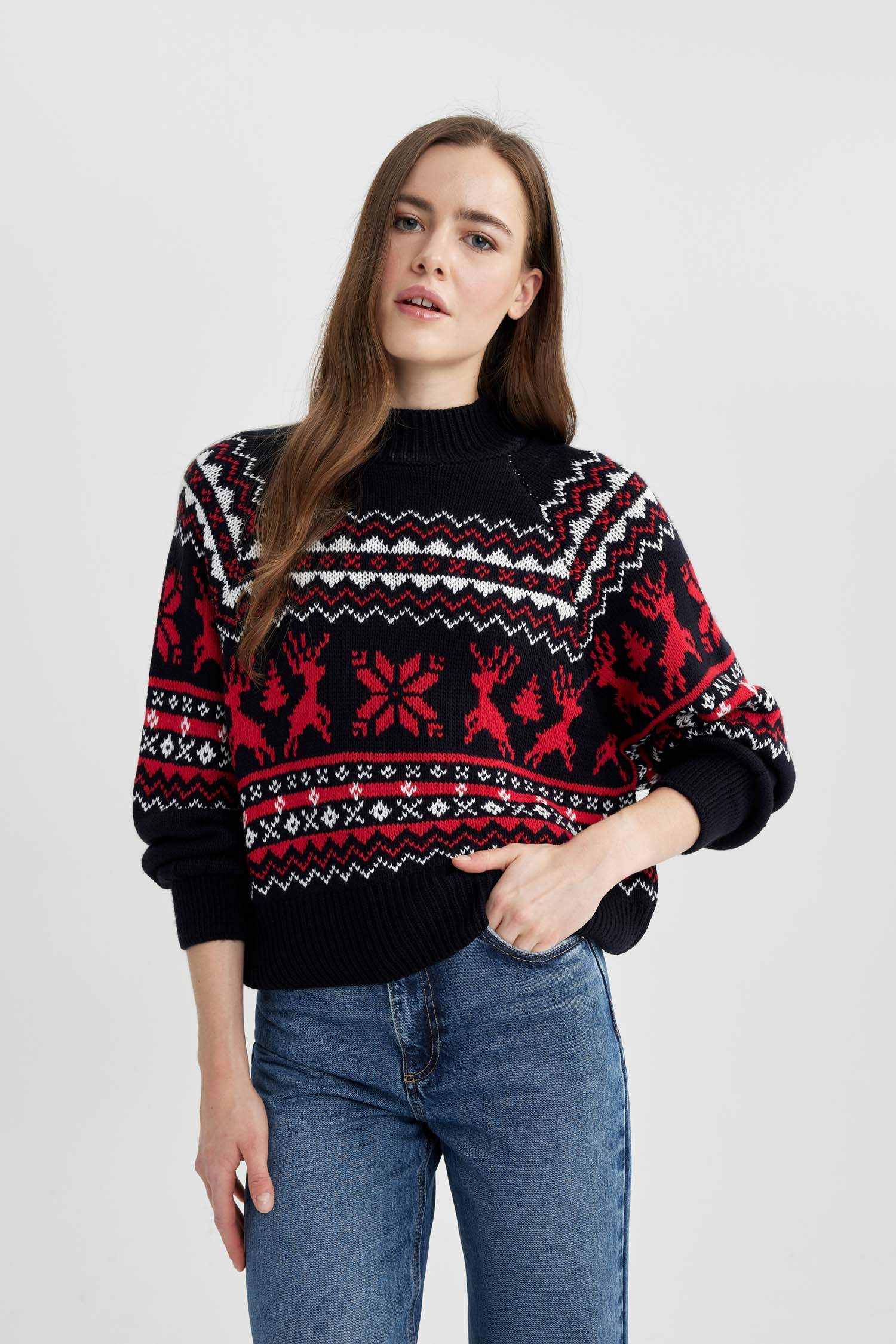 Yılbaşı Temalı Yarım Balıkçı Yaka Kazak