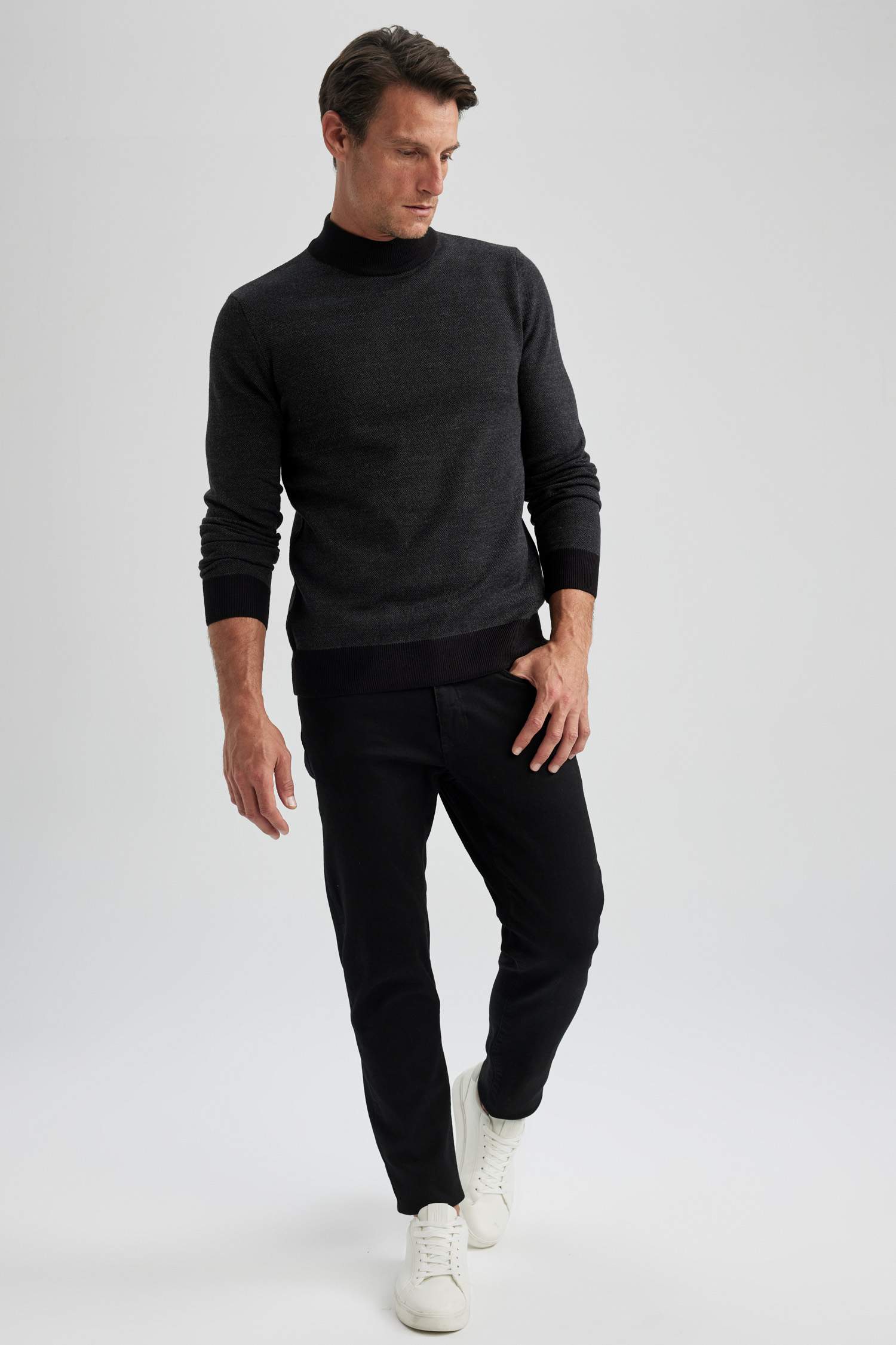 Regular Fit Color Block Turtleneck Knit Pullover