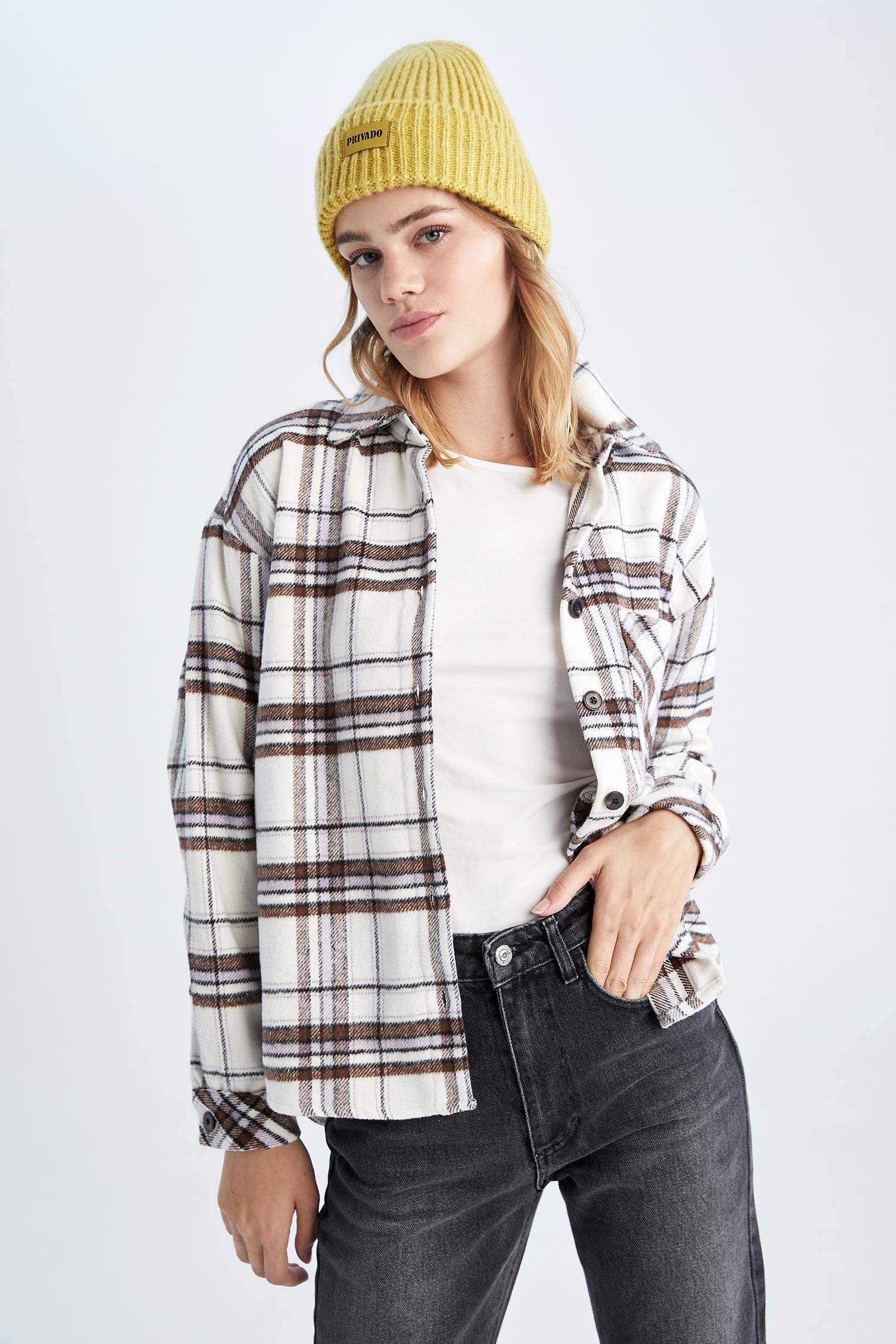 Oversize Fit Shirt Collar Flanel Plaid Long Sleeve Shirt