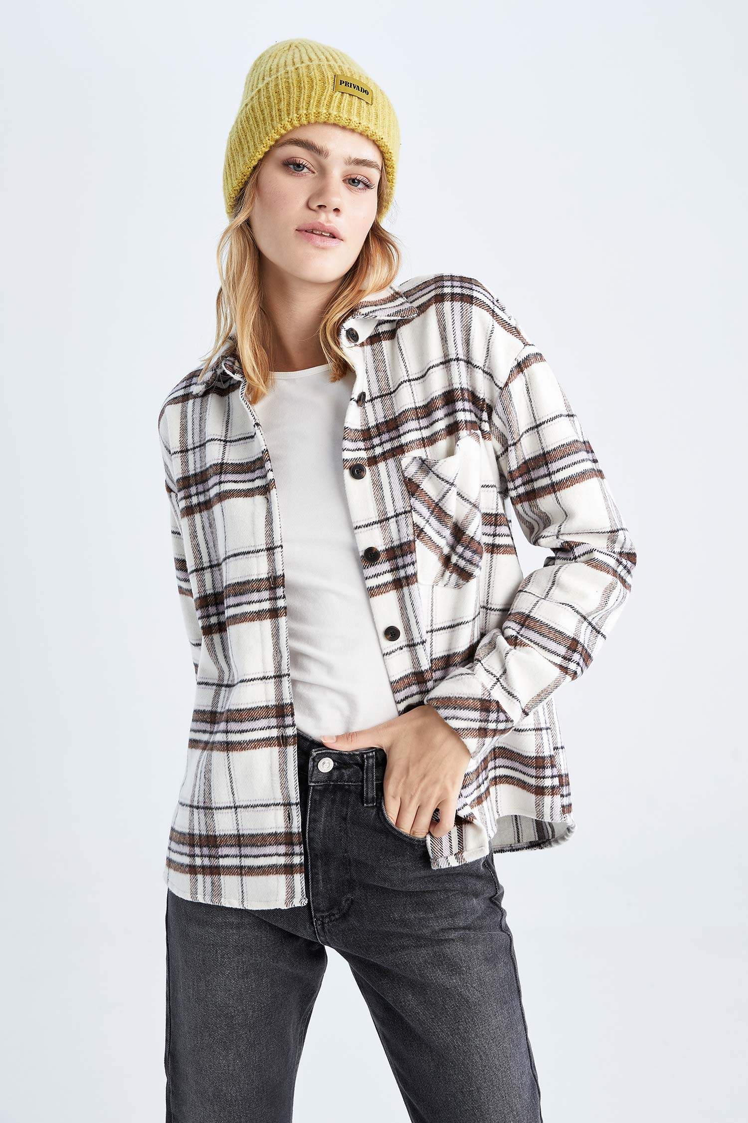 Oversize Fit Shirt Collar Flanel Plaid Long Sleeve Shirt