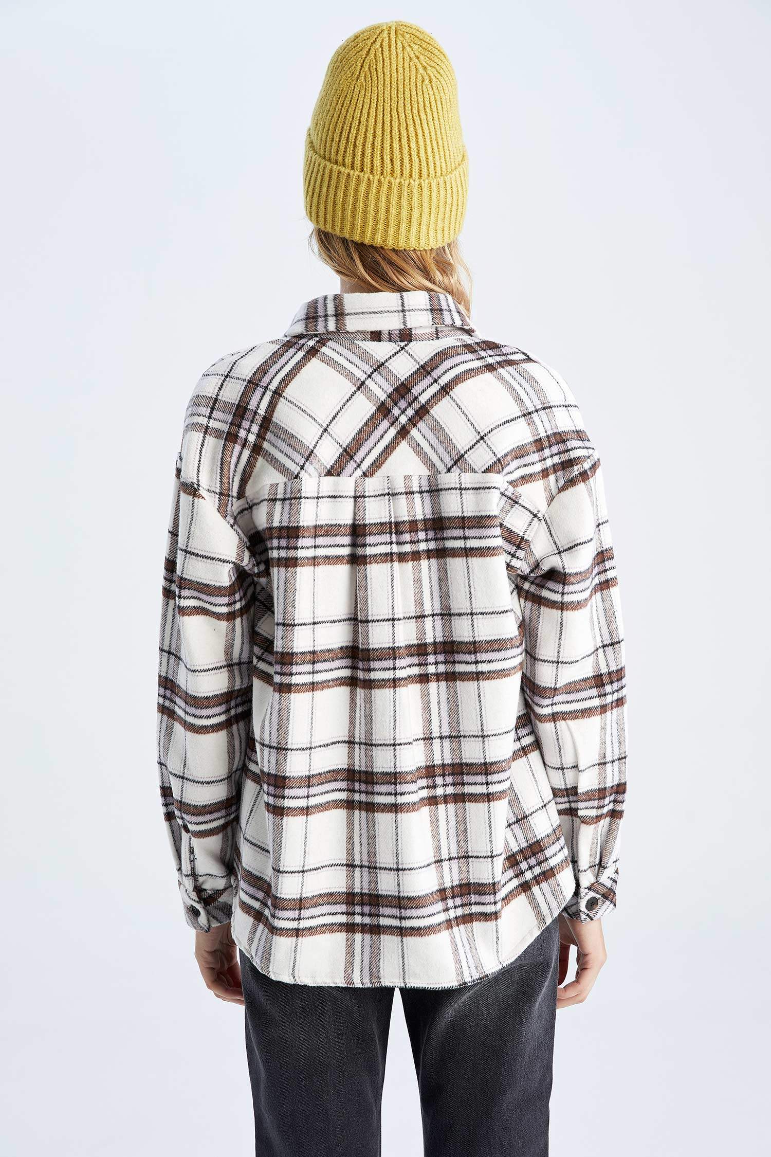 Oversize Fit Shirt Collar Flanel Plaid Long Sleeve Shirt