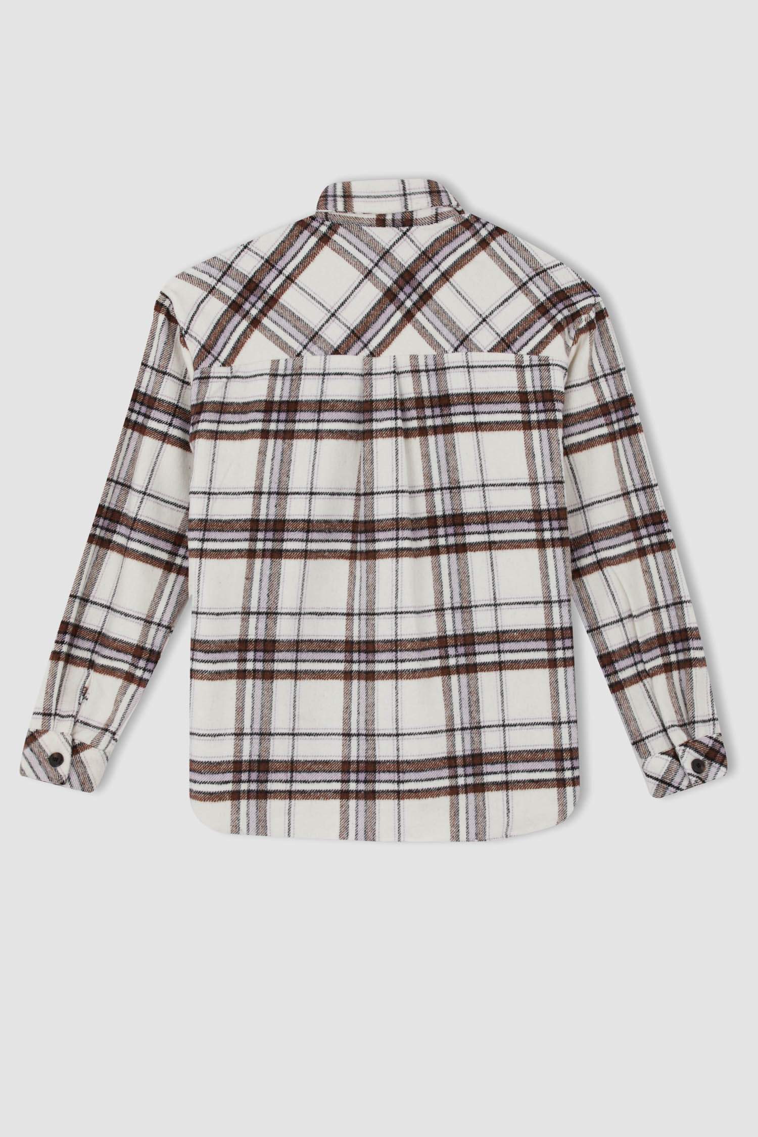 Oversize Fit Shirt Collar Flanel Plaid Long Sleeve Shirt
