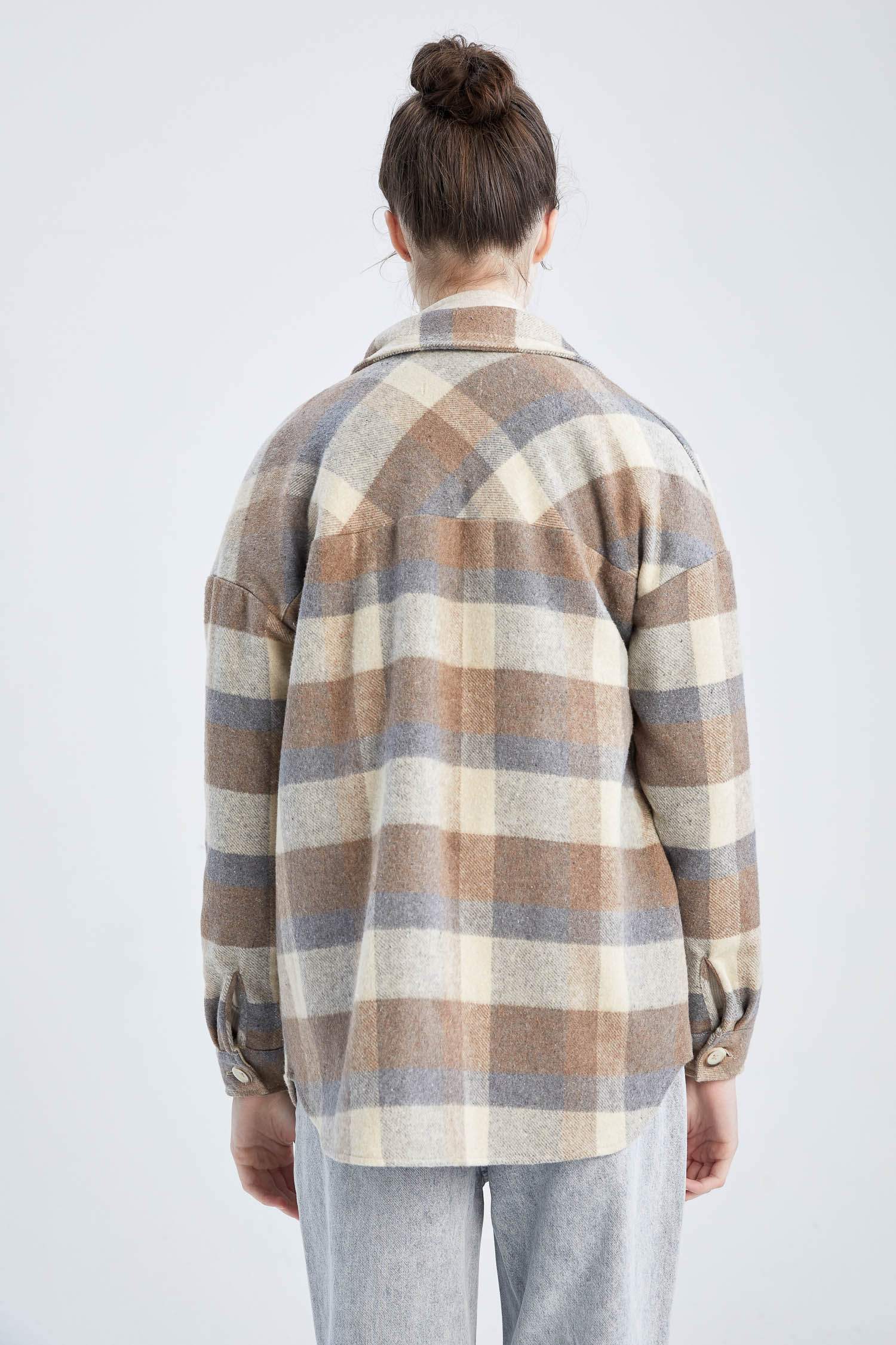 تونيك كاروهات قصة مريحة كم طويل بياقة قميص