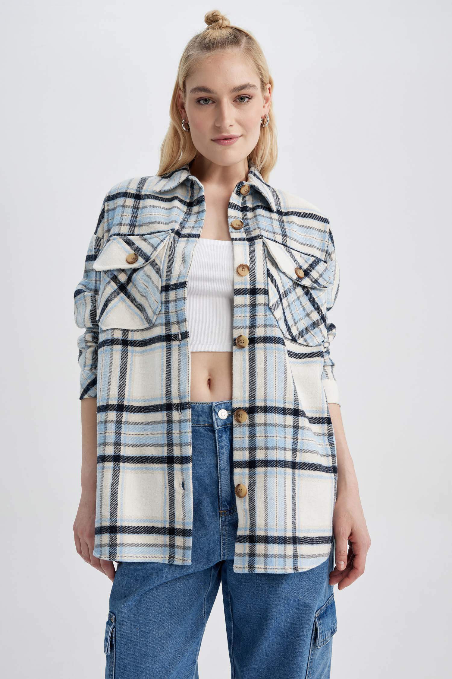 Oversize Geniş Kalıp Gömlek Yaka Flanel Uzun Kollu Tunik