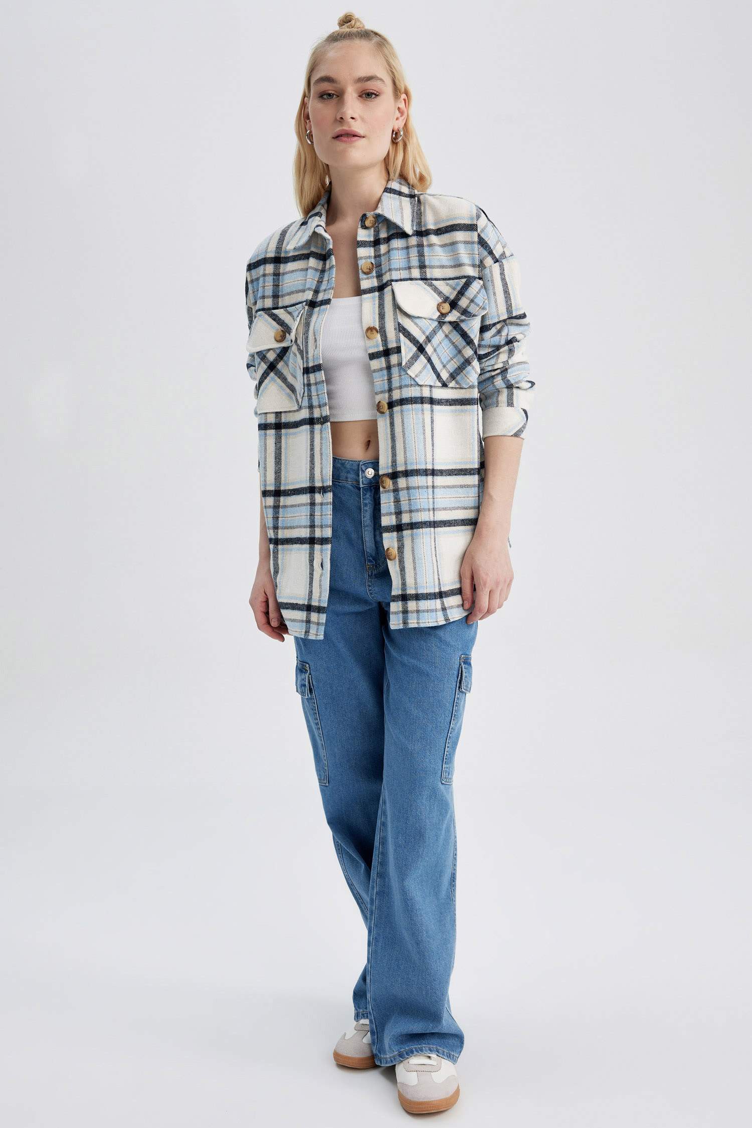 Oversize Geniş Kalıp Gömlek Yaka Flanel Uzun Kollu Tunik