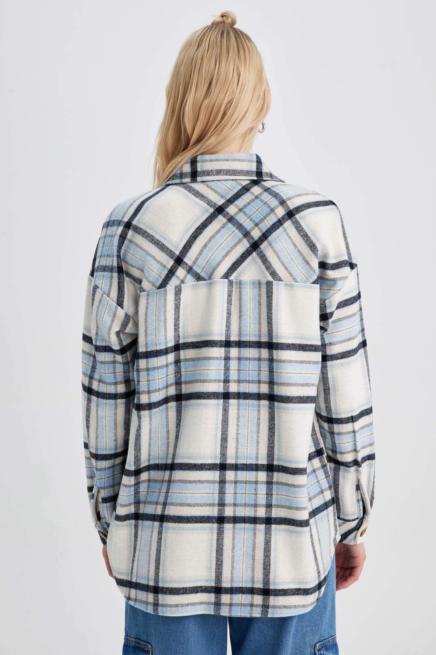 Oversize Geniş Kalıp Gömlek Yaka Flanel Uzun Kollu Tunik