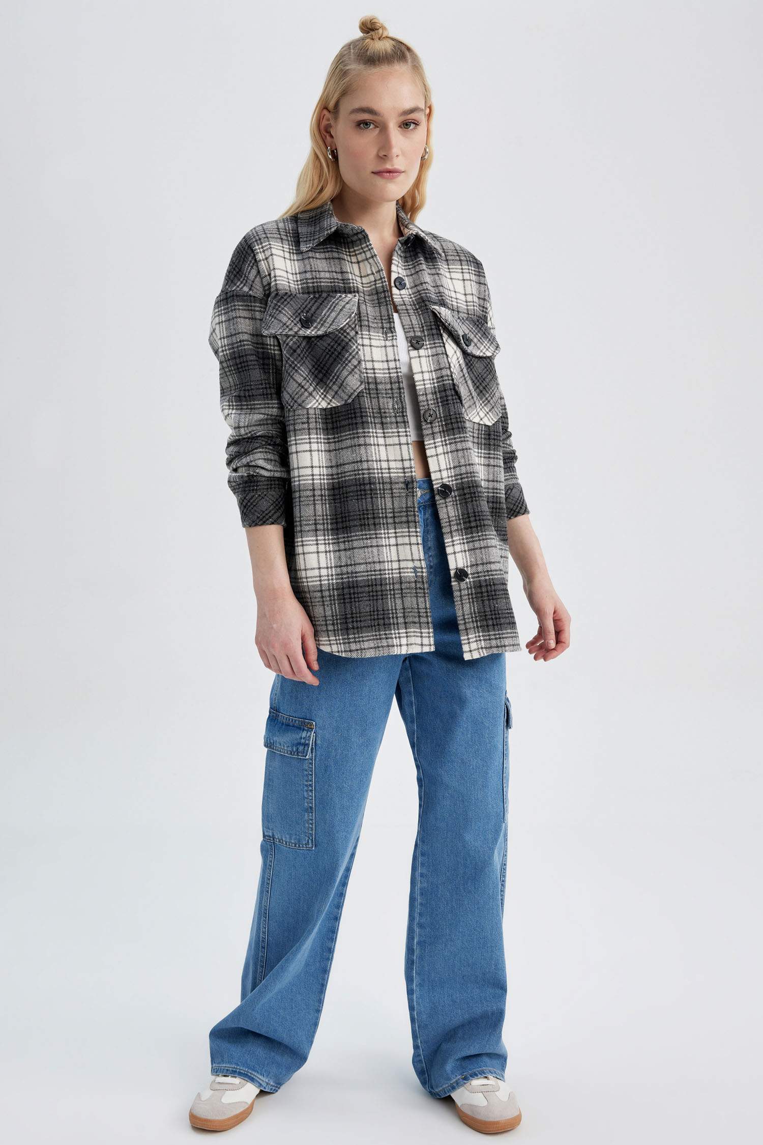 تونيك كاروهات كم طويل بياقة قميص