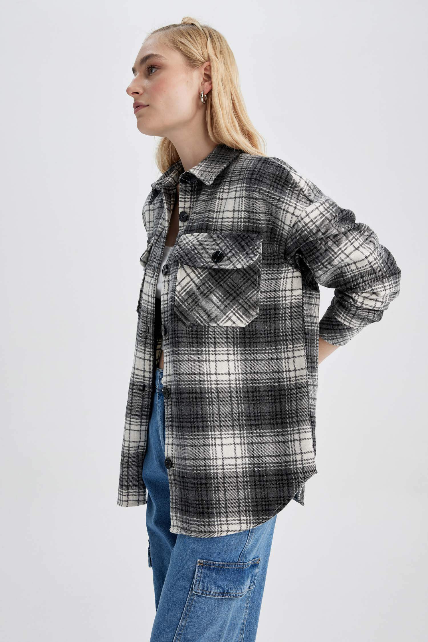 تونيك كاروهات كم طويل بياقة قميص